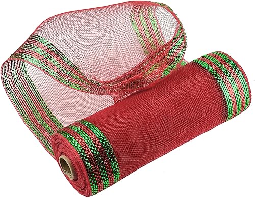 Miniatura 4 de HUIHUANG Malla decorativa verde y roja con rayas en el borde, cinta de malla grande de Navidad para árboles, suministros de fabricación de coronas,