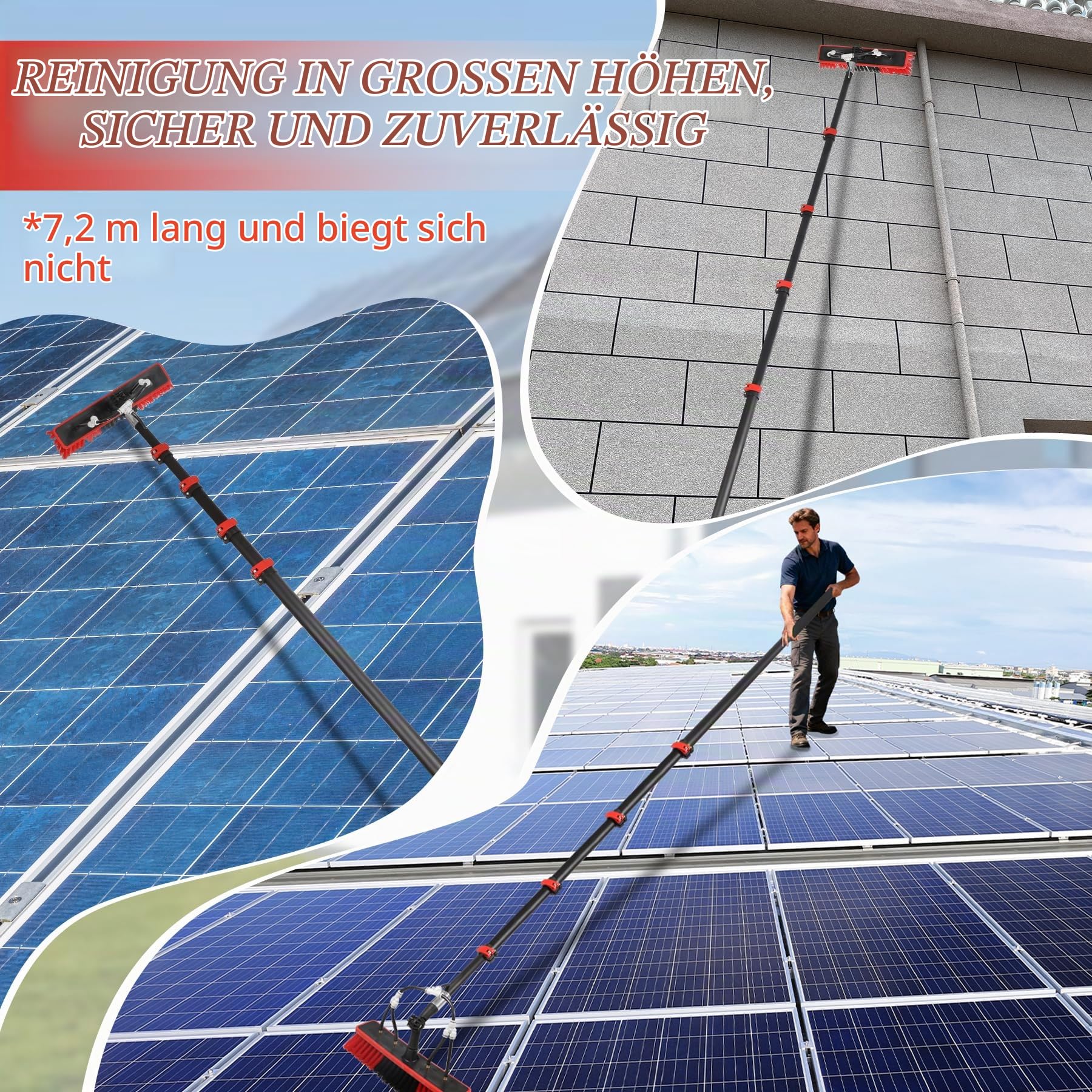 7,2 m Teleskop Waschbürste, Einstellbarer Winkel, Seifenspender | Reinigungsbürste, Wasseranschluss, schonend, PV-Reiniger, langlebig, robust, wetterfest, für Solaranlagen Autos Haus Fenster