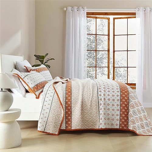 Miniatura 3 de Juego de edredón tamaño King, 100% algodón, floral, tamaño King, color naranja y blanco, ligero, reversible, suave, para todas las estaciones