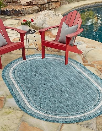Unique Loom - Colección Outdoor Border - Tapete para exteriores de borde suave - 5 pies 1 pulgada x 8 pies, ovalado, turquesamarfil