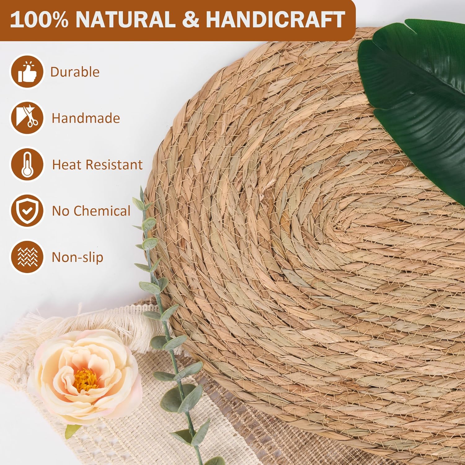 Defined Decoe Set of 6 Woven Rattan Placemats,16x12 Inch Oval Braided Charger Plates, Farmhouse & Boho Vintage Style for Christmas Dining, Kitchen, and Party Decor