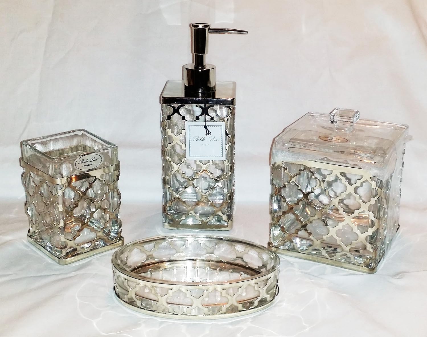 Bella Lux Lattice Collection Glass Bathroom Accessories 4 Piece Set W Chrome Metal Border Amazonca Home