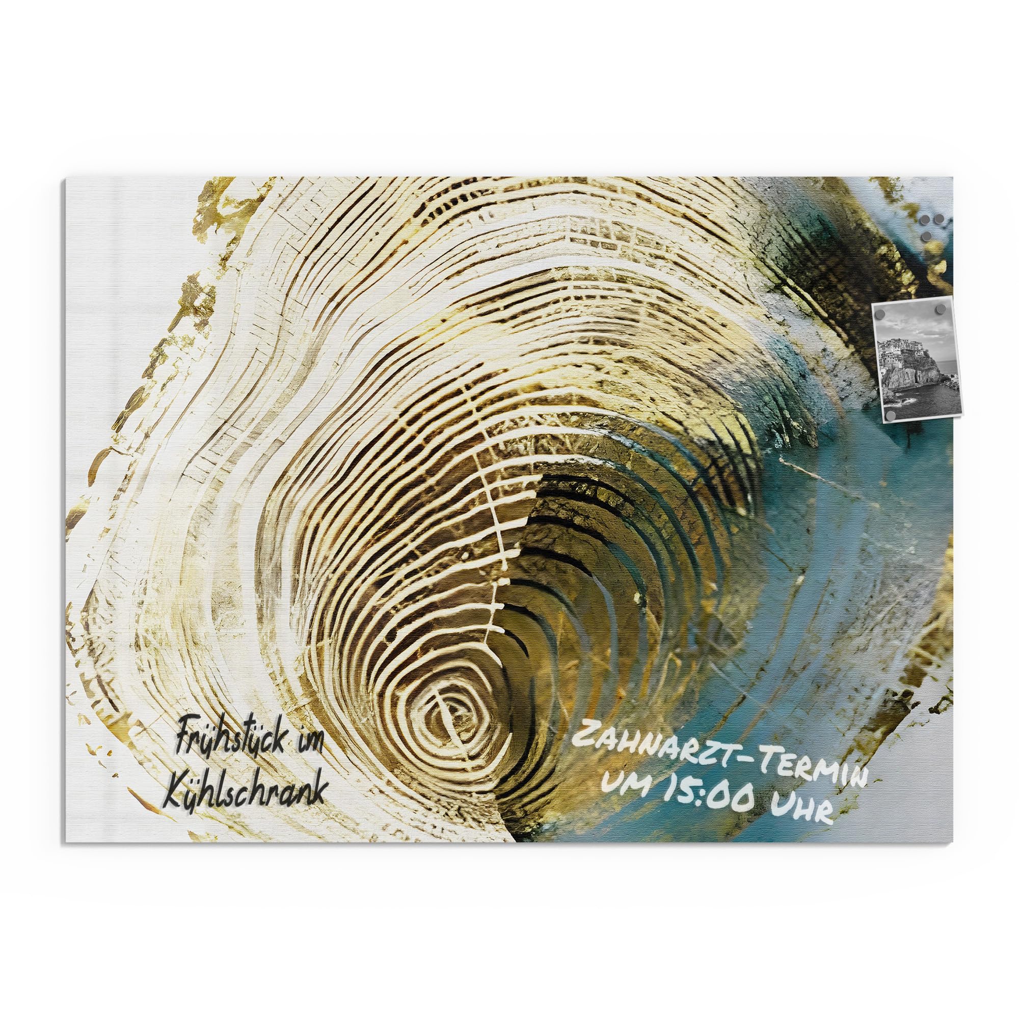 DEQORI Szklana tablica magnetyczna | wymiary 120 x 90 cm | motyw "złota głębokość" | tablica do notatek ze szkła | tablica magnetyczna z magnesami, długopisem i ściereczką do kuchni i biura | tablica