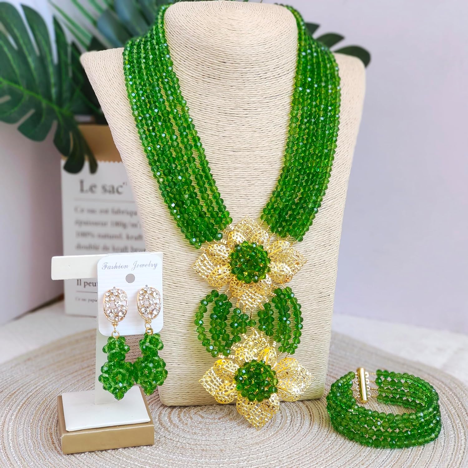 Fashion African Bead Necklace Nigerian Beads Wedding Jewelry Sets for Women (Green) - Image 6
