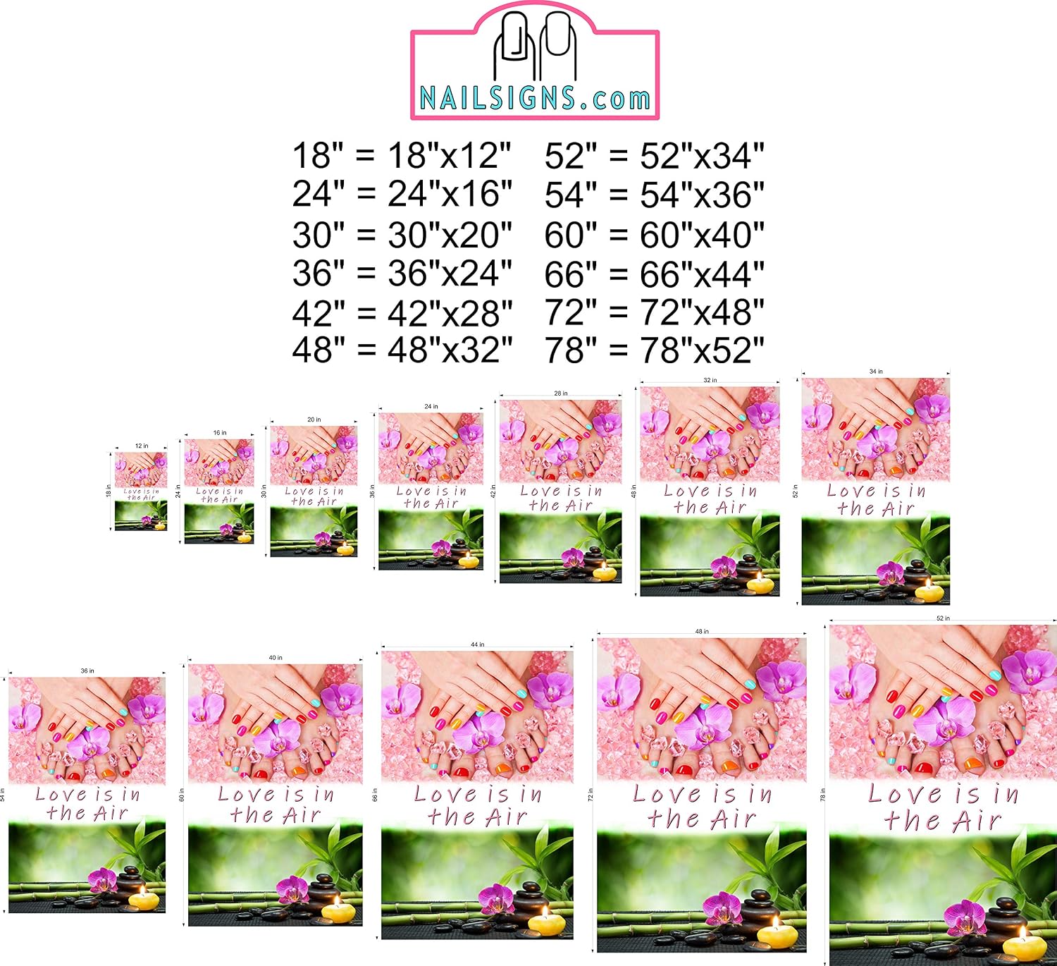 Quote X Love is in The Air Spa Nail Salon Sign Advertising Marketing Décor Vertical (Perforated 70/30 See-Through Window Mesh Vinyl Sign [Outdoors], 24")