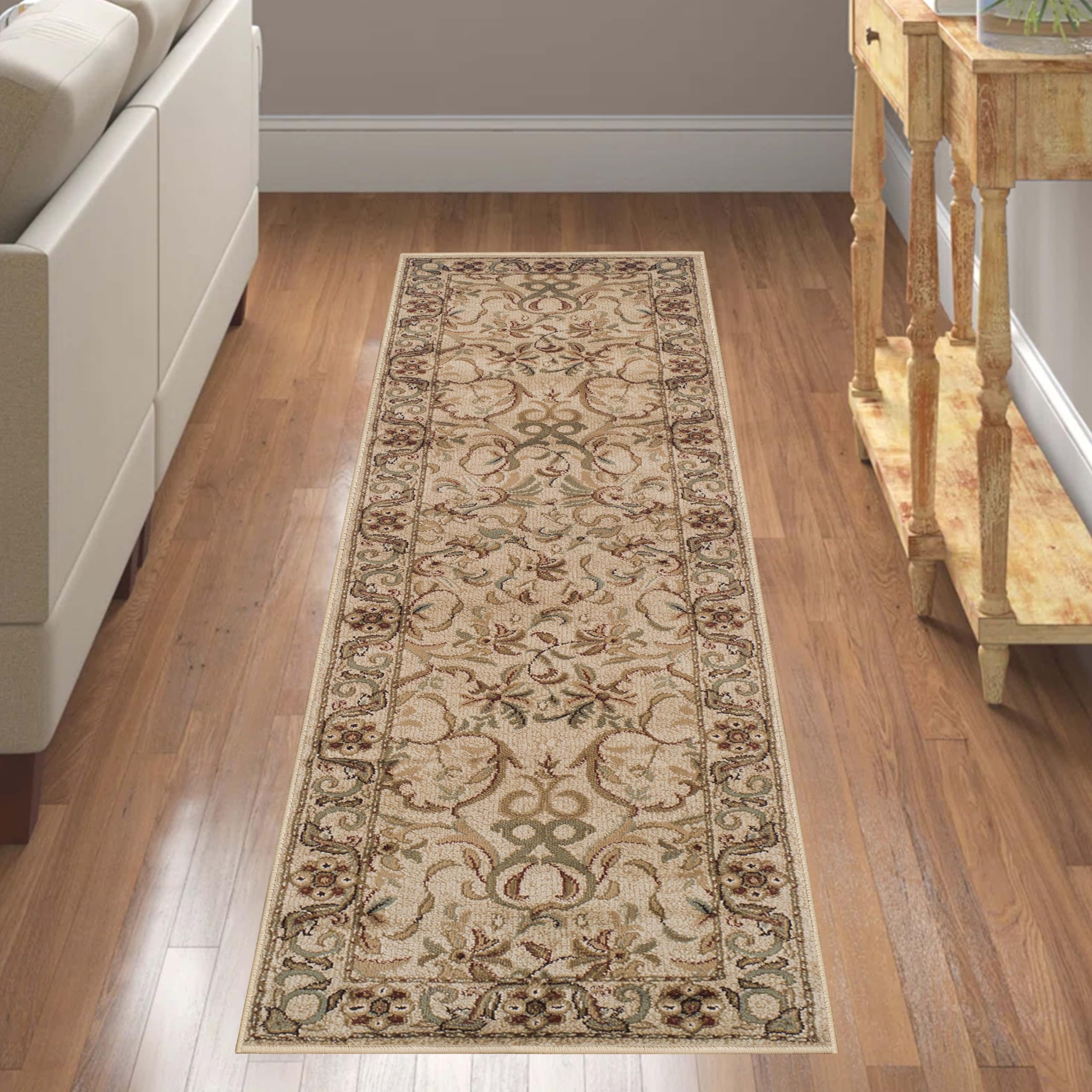 Tapis de couloir oriental floral ivoire pour protéger un sol des passages