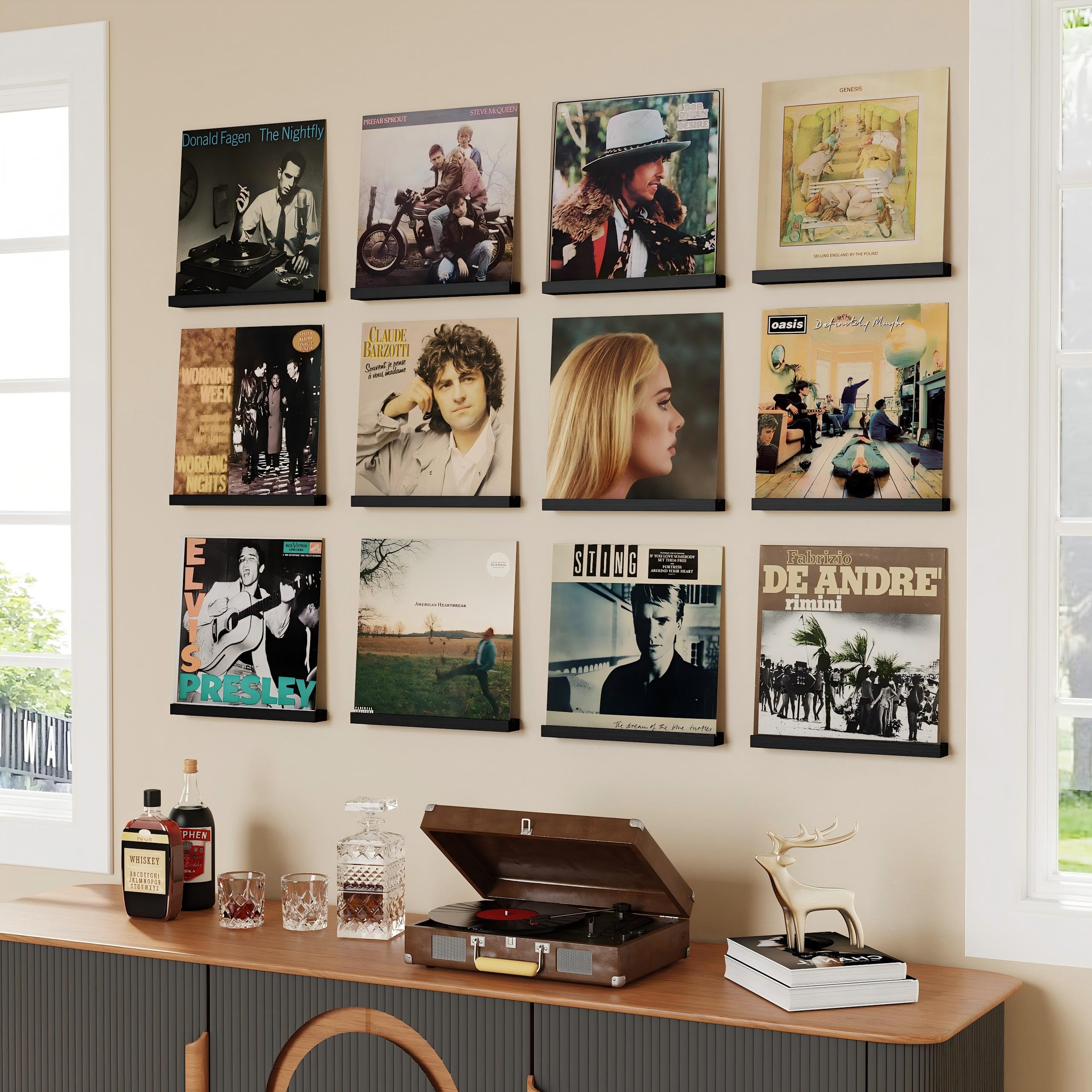 12 Pièces Porte-disques Mural en Bois, Rétro Supports Muraux pour 12 Vinyles, Porte-disques Mural pour Salon de Décoration, Affichage et Stockage, Collections (Noir)