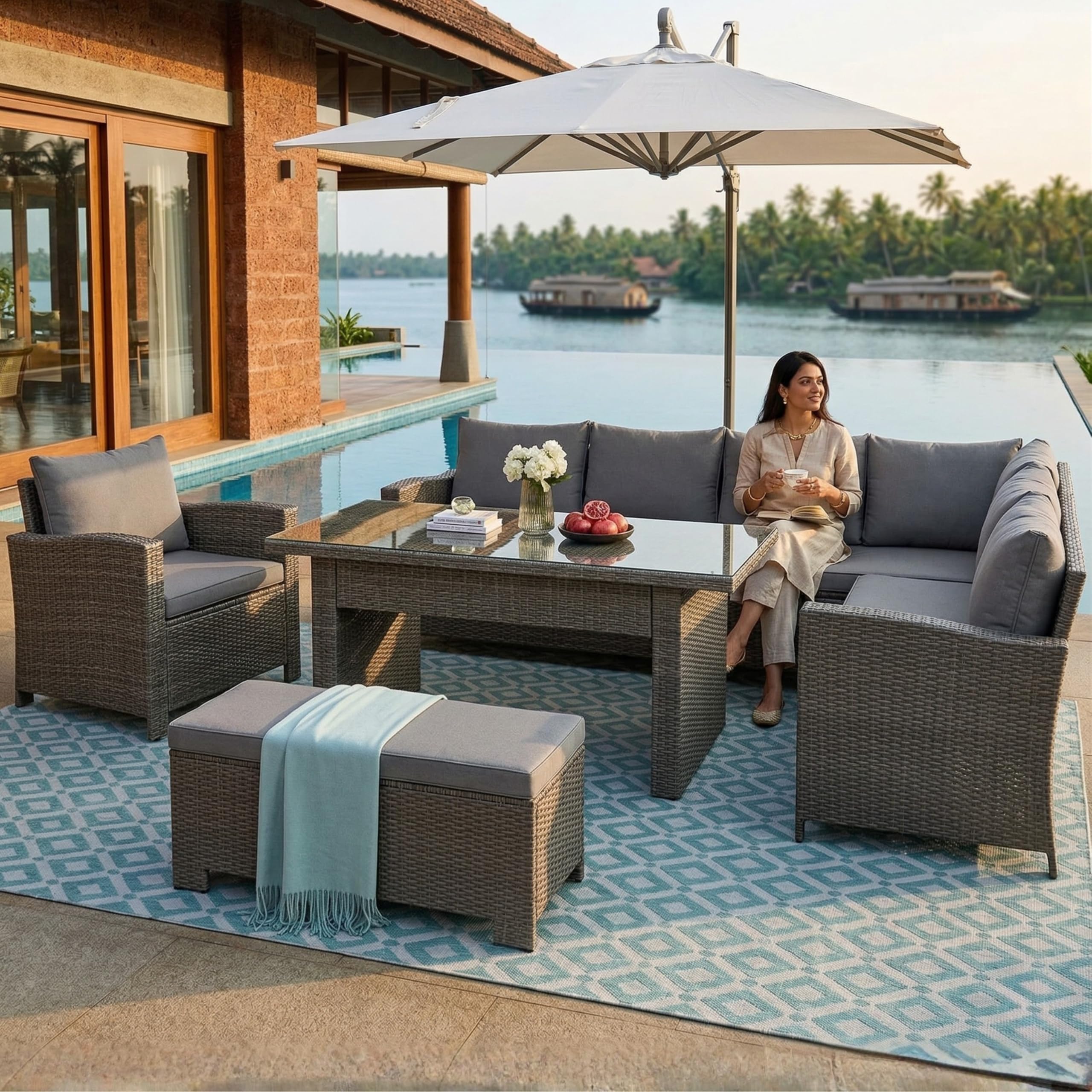 LOCCUS Outdoor 5 PCS L Shape Rattan Sofa Set,Table and Ottoman with Cushions, Deck Furniture Dining Table Set, Garden, Porch, Backyard (Black & Grey)