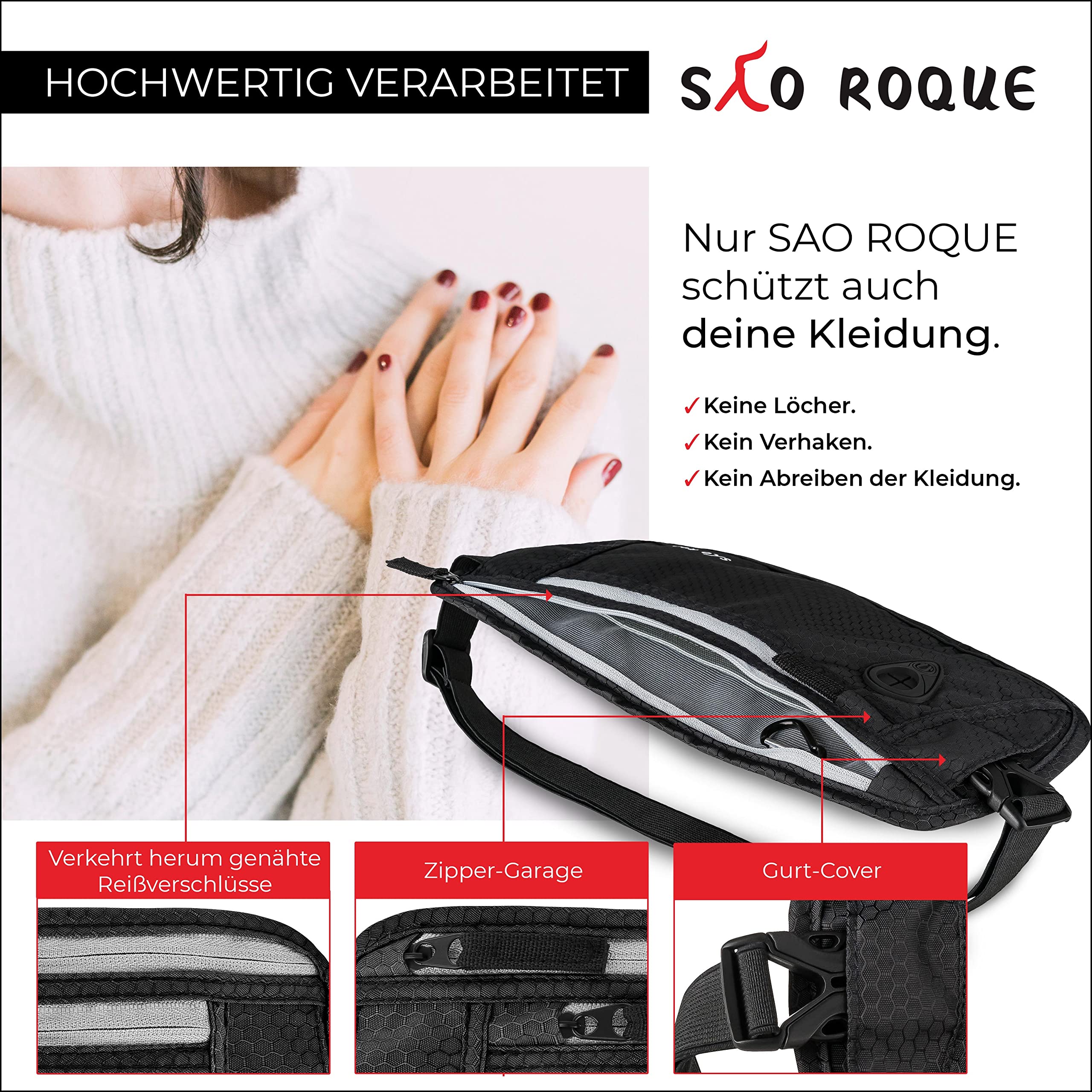 SAO ROQUE ® Bauchtasche Damen Herren, Reisepasshülle Gürteltasche Reise Gadgets mit RFID Blocker, Hüfttasche stylisch, Geldgürtel flach (Schwarz)