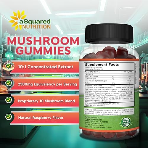 Miniatura 4 de aSquared Nutrition Gomitas de hongos  Suplemento complejo 10x  Melena de león, cola de pavo, Reishi, Cordyceps, Chaga  Energía, Enfoque, Apoyo