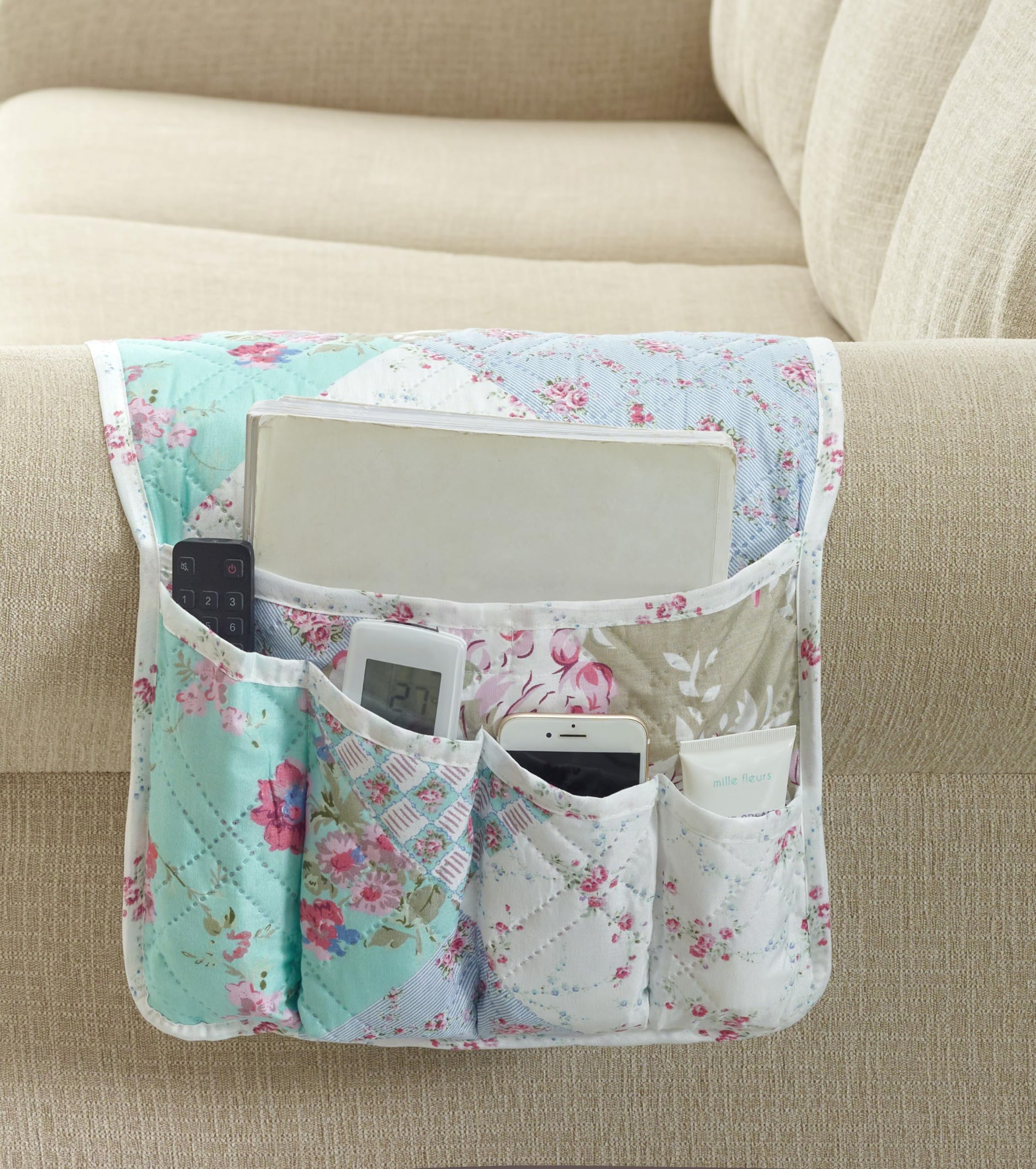 Brilliant SunshineBlue and Green Rose Patchwork Couch Armrest 5 Pockets Organizer, Slip Resistant Armchair Caddy, Washable Remote Controls Holder, Storage for Magazine, Tablet, Phone, Blue Green