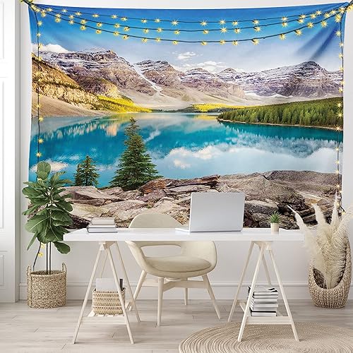 Miniatura 6 de Ambesonne Tapiz de paisaje tamaño King, paisaje de lago y montaña con impresión de roca y cielo de la vida de ensueño, colcha colgante de pared,