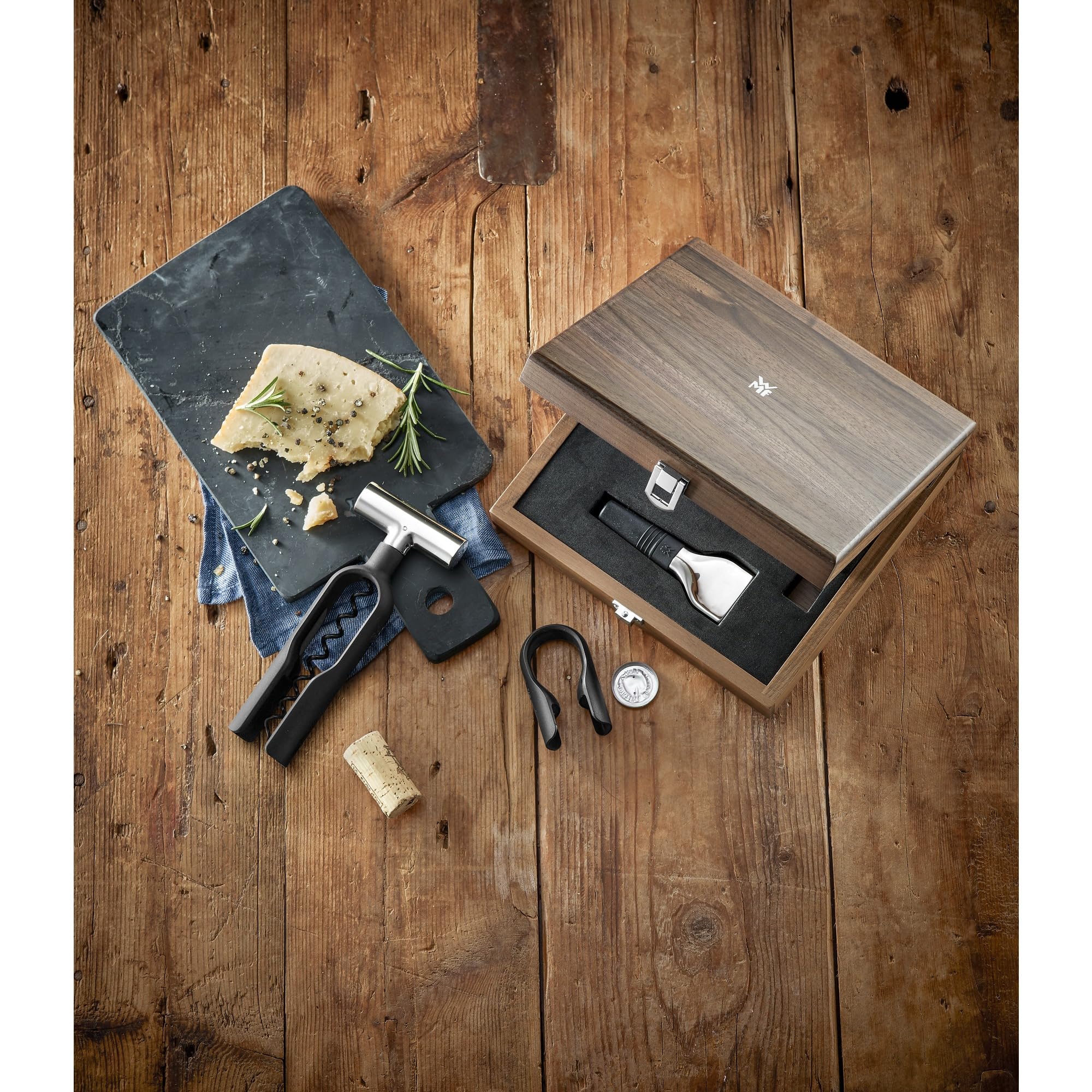 WMF Baric Wein Sommelier Set 3-teilig, Korkenzieher Set, Wein Zubehör, Folienschneider, Flaschenverschluss, in Walnussholzbox, schwarz