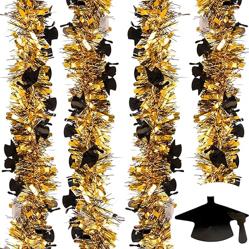 Whaline 4 guirnaldas de oropel de graduación de 26 pies, gorra de graduación torcida de oropel negro dorado metálico para fiesta de graduación,