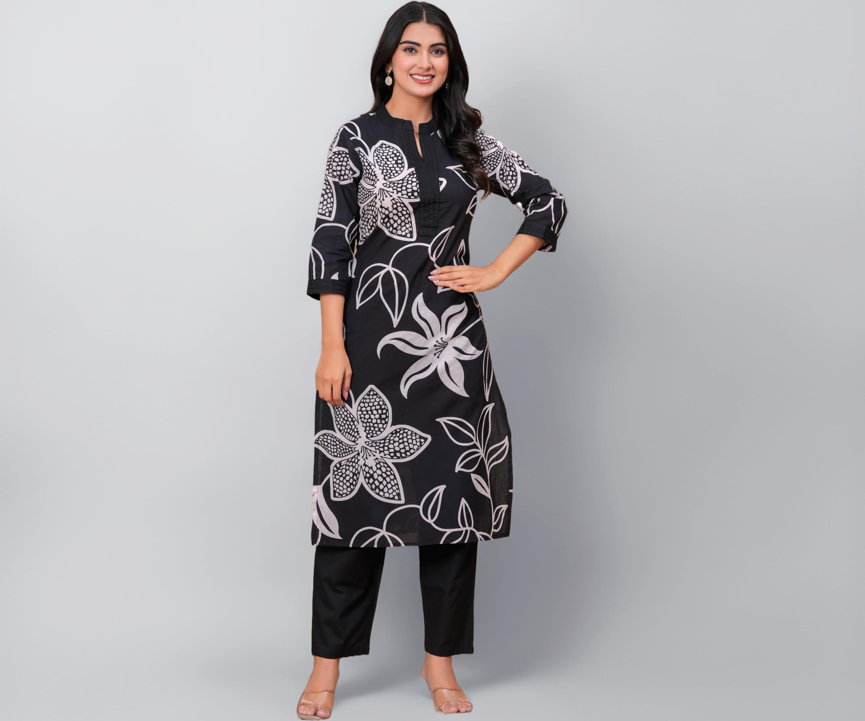 MEERA FAB Women's Pure Cotton Printed Ethnic Wear Straight Kurta Set with Palazzo Pants