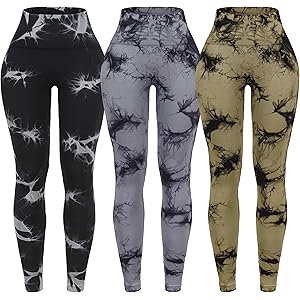 OVESPORT 3 Pack Tie Dye Seamless High Waisted Workout Leggings for Women Scrunch Butt Lifting Yoga Gym Athletic Pants Large Black/Gray/Light Brown