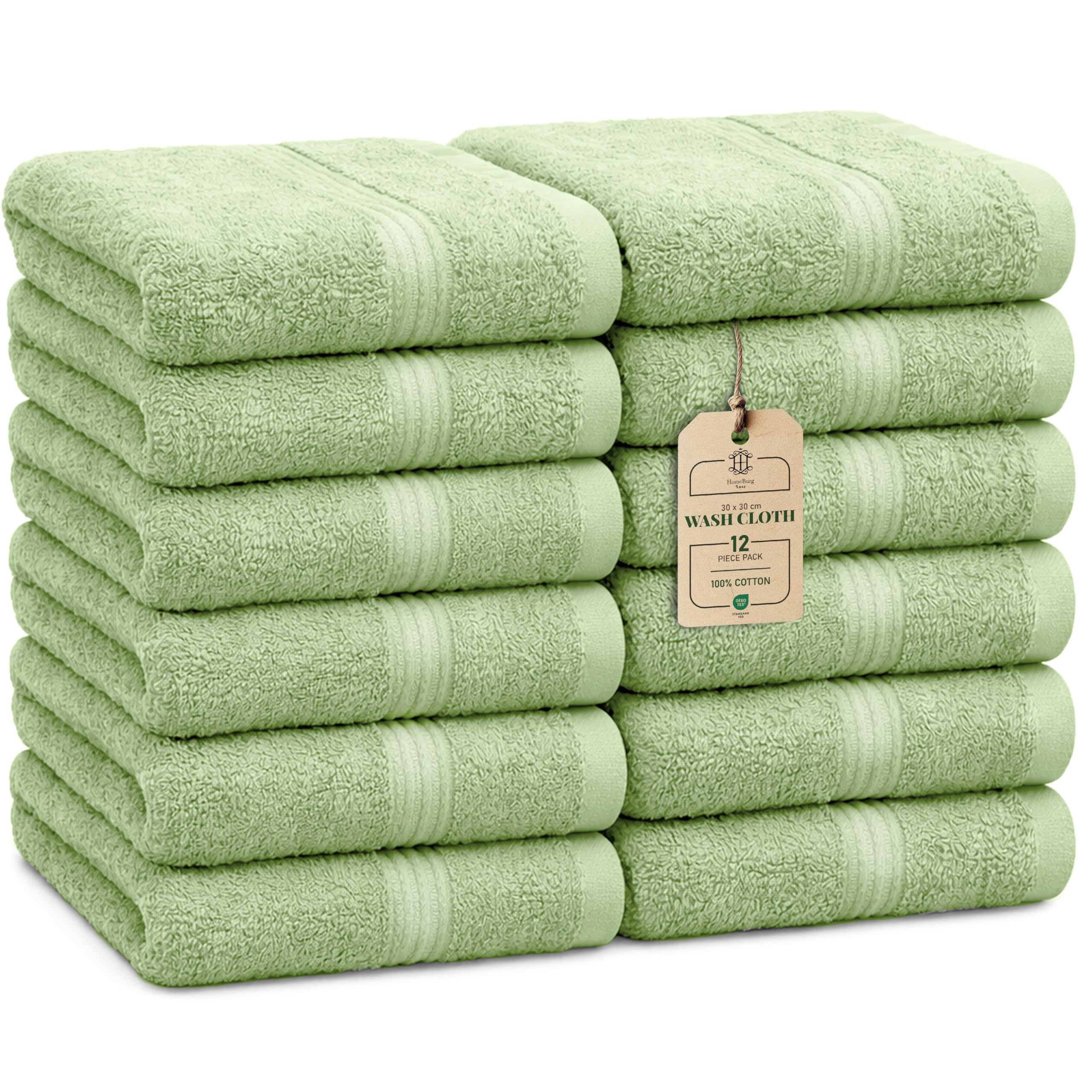 HomeBurg Luxe 12-Piece Washcloth Set - 100% Cotton, Soft & Absorbent, Easy Care, Premium Towels for Face & Daily Use, 30 x 30 cm, Sage Green