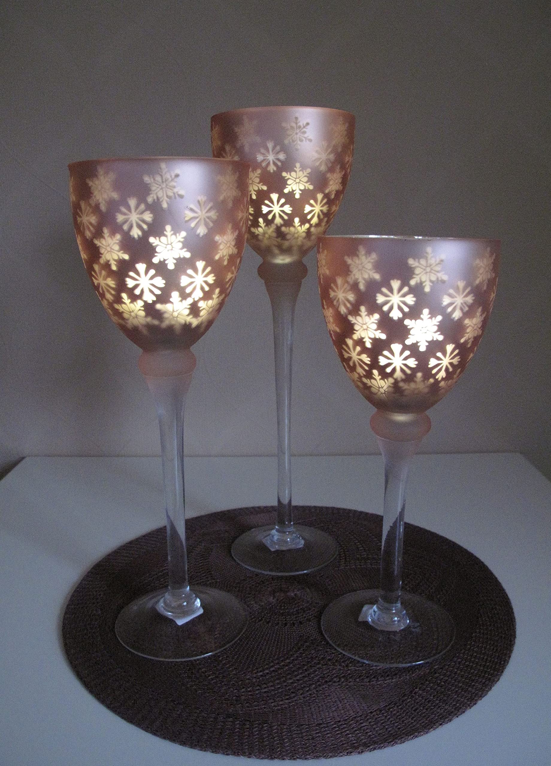 3tlg. Glaskelch Glaskelche Windlicht Set H30,35 + 40 cm mit Schneeflocken und Eiskristallen Kerzenhalter Kerzenleuchter Kerzenständer (Alt Rosa)