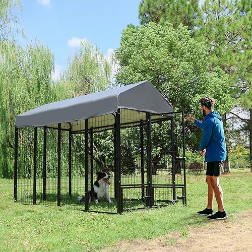 Miniatura 5 de Perrera para perros al aire libre de 8 x 4 x 6 pies con techo y soportes giratorios para tazones, recinto grande de metal para perros, casa