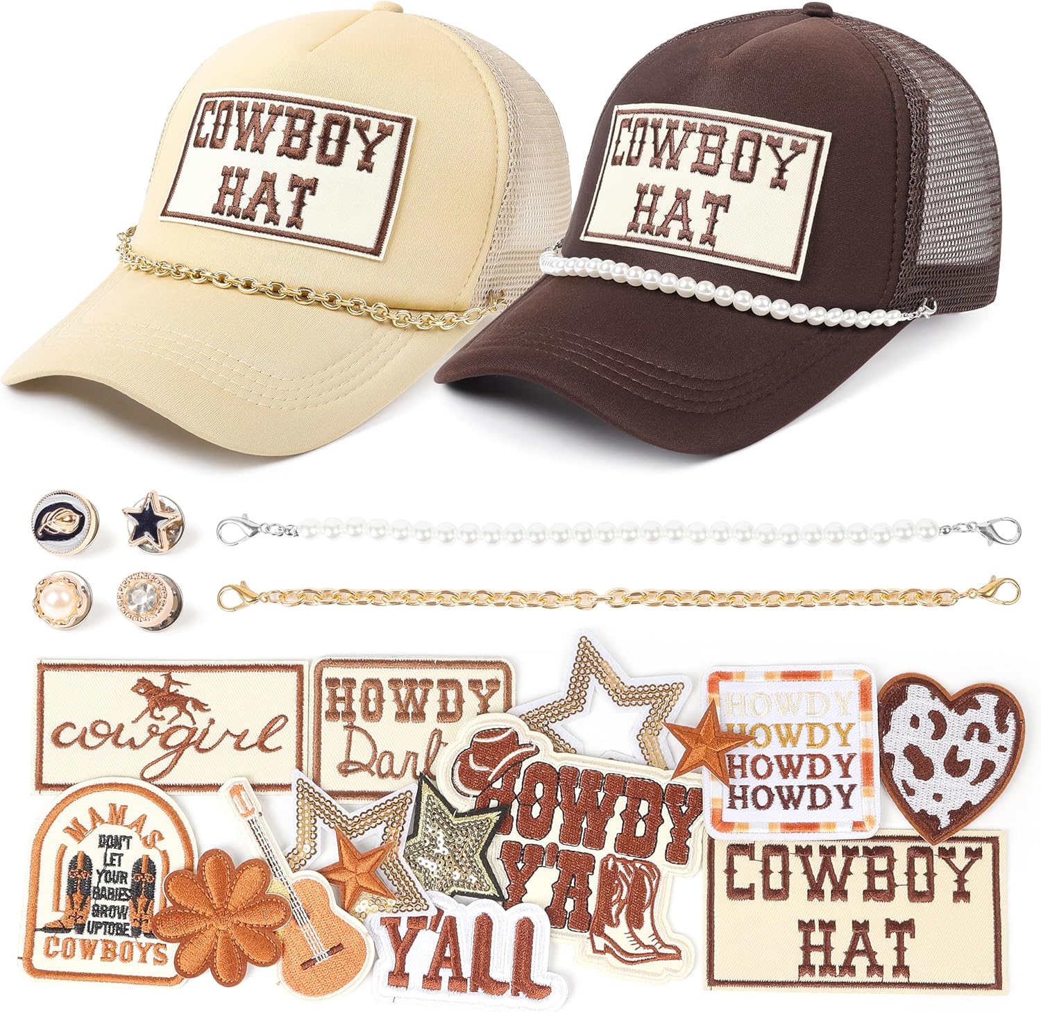 Meneng Western Trucker Hat for Cowboy: Men Women Adjustable Snapback Caps with 8pcs Embroidered Patches and a Chain