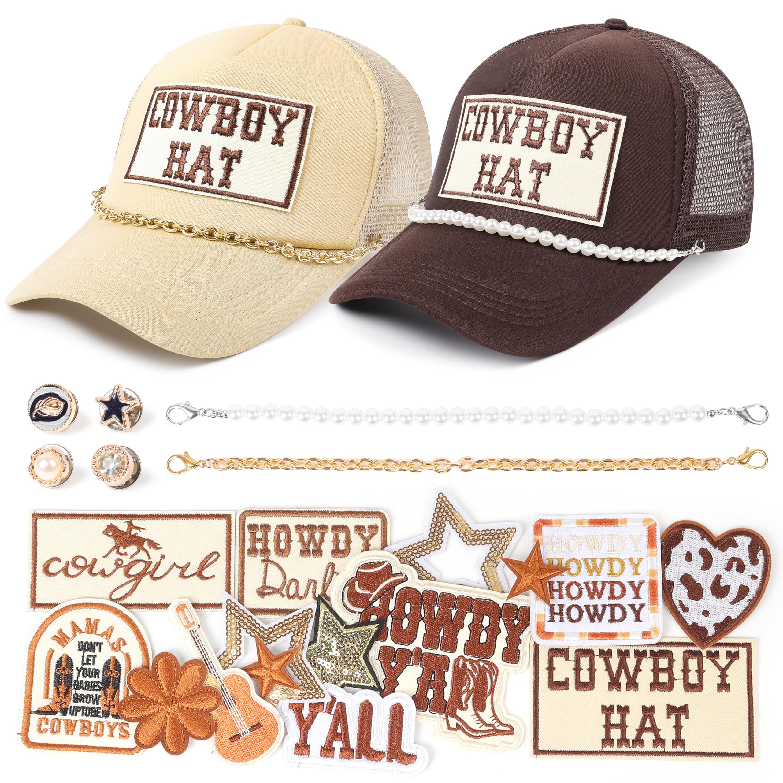 Meneng Western Trucker Hat for Cowboy: Men Women Adjustable Snapback Caps with 8pcs Embroidered Patches and a Chain