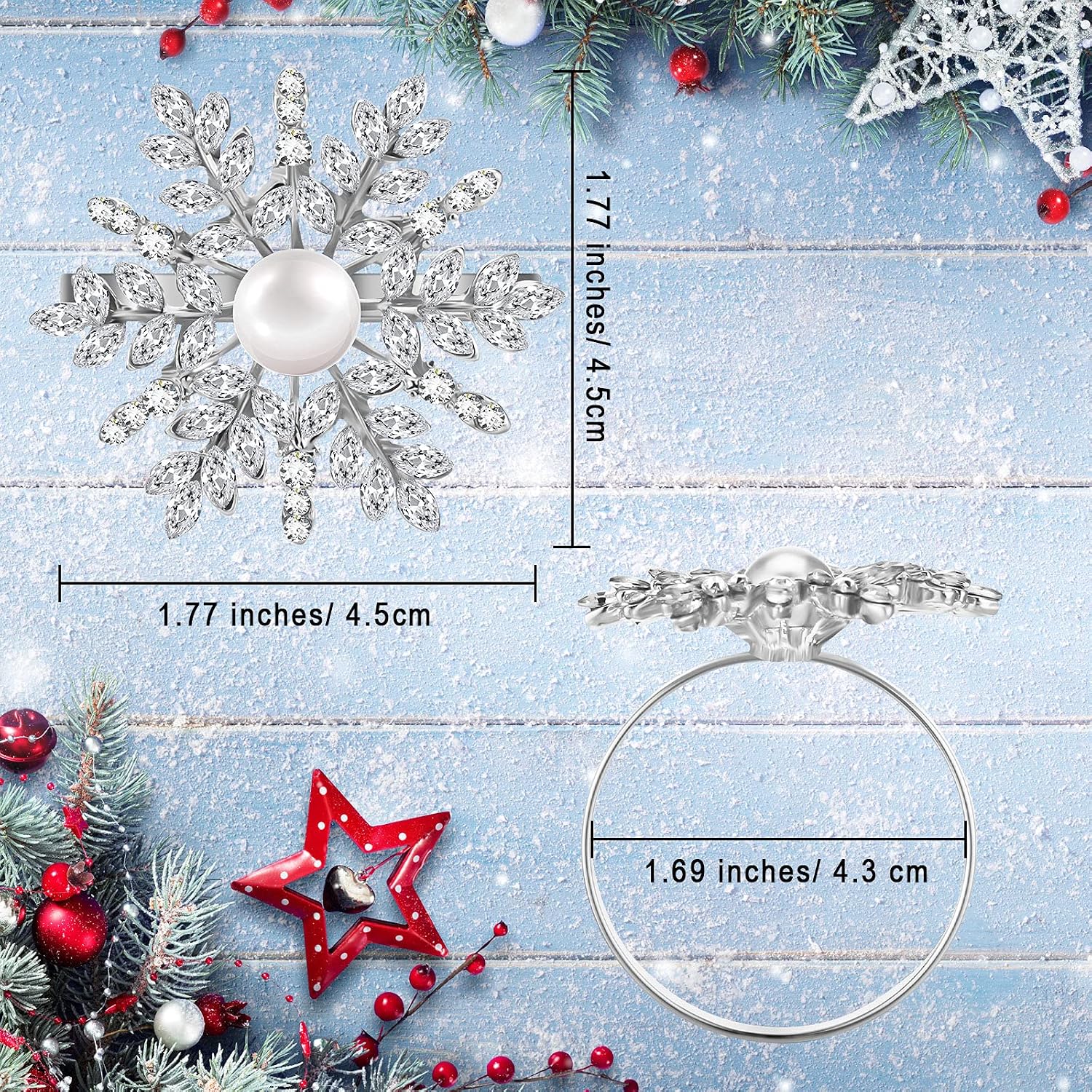 Patelai 12 Pieces Snowflake Napkin Ring Napkin Holder Napkin Ring Buckle Rhinestone Pearl Metal Napkin Rings Holder Serviette Ring for Table Decor (Silver)