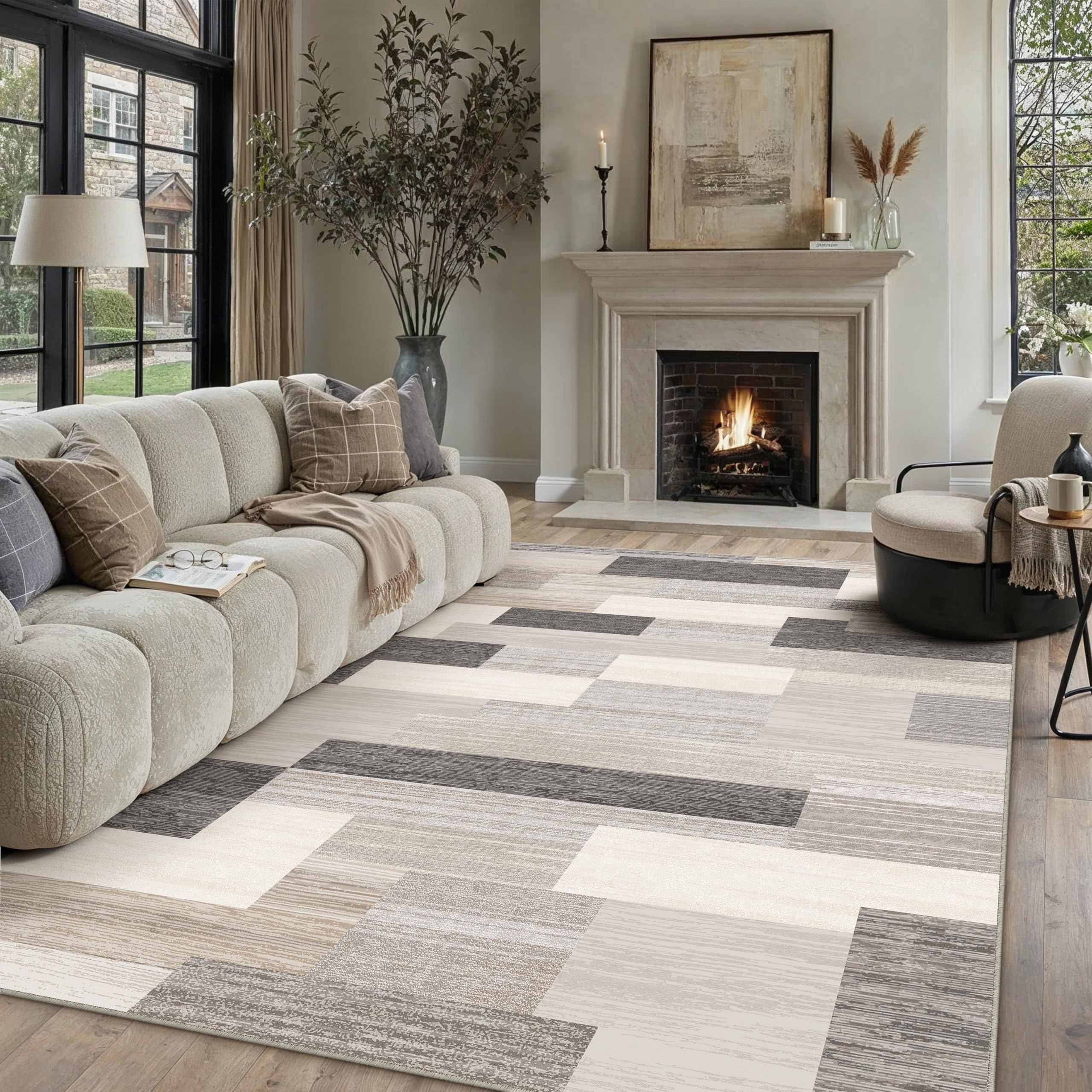 PureCozy Teppich 200x300cm Beige Waschbar Moderne | Moderner Teppiche,Waschbar,Rutschfest,Weich,Kurzflor,für Wohnzimmer,Schlafzimmer,Esszimmer,Büro