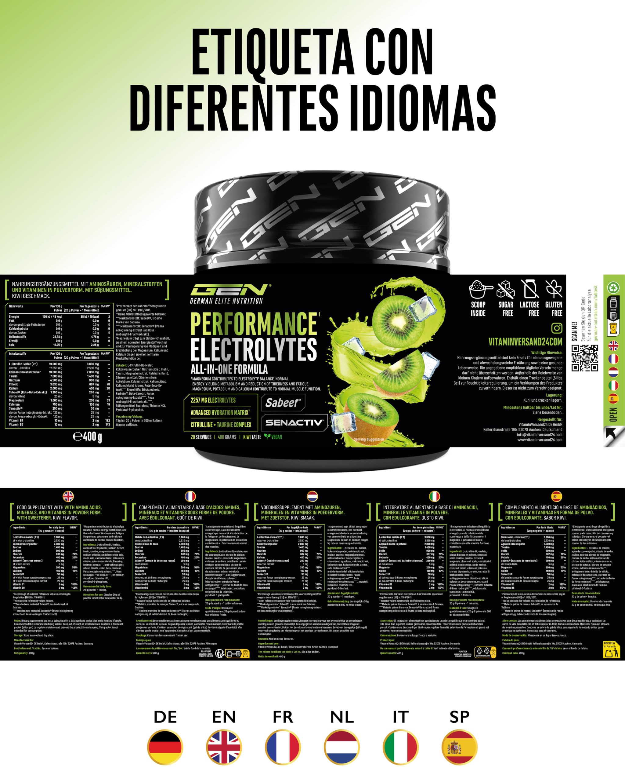 Performance Electrolytes - 400 g (20 Porciones) - Advanced Hydration Matrix con Sodio, Potasio, Magnesio, Calcio y Cloruro - con Citrulina y Taurina - Sin Azúcar - Vegano - Sabor Kiwi
