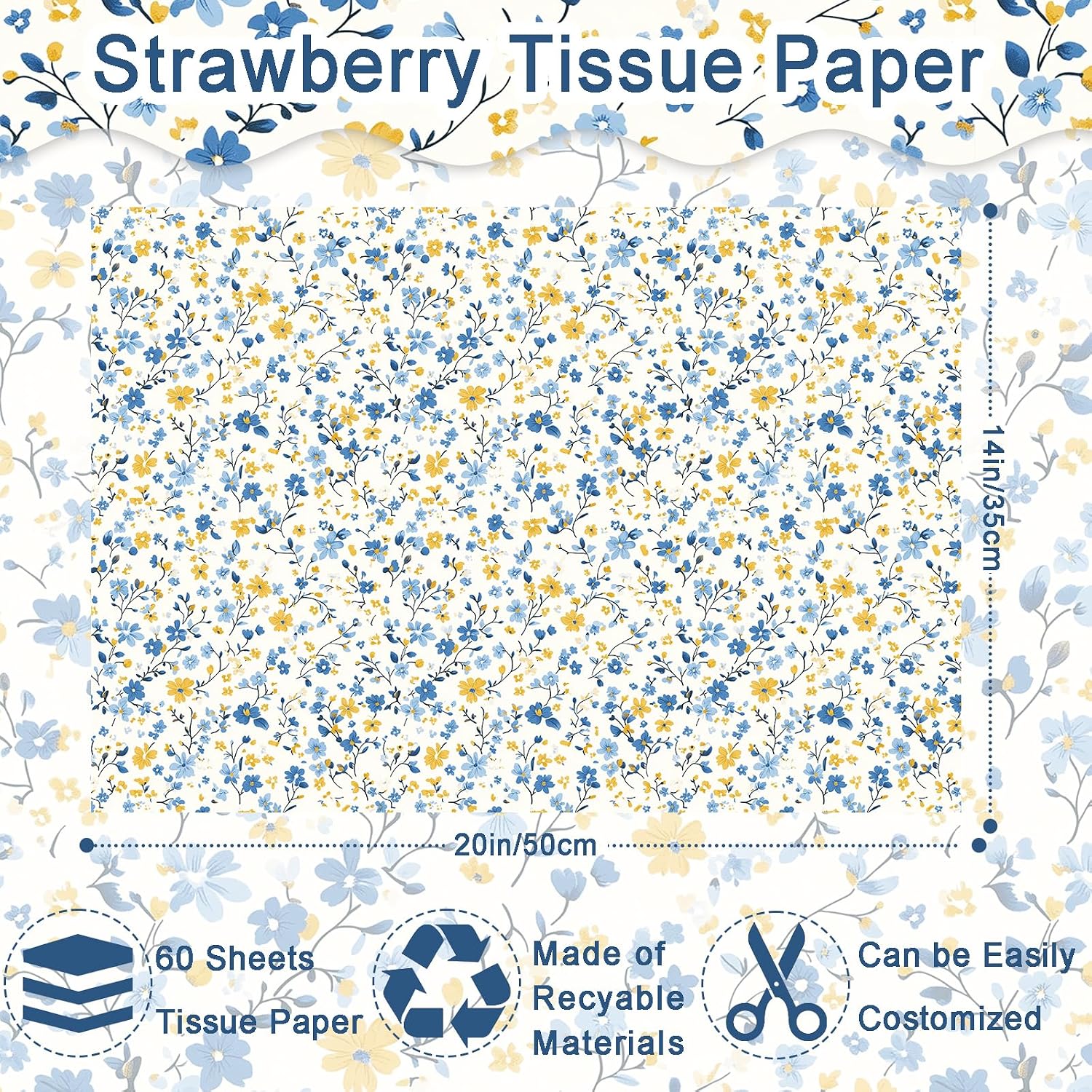 60 Sheets Spring Wildflower Tissue Paper, Coquette Elegant Blue Floral Patterns Wrapping Paper for Spring DIY Crafts Birthday Wedding Party Gift Wrap Supplies, 13.8 x 19.7 Inch