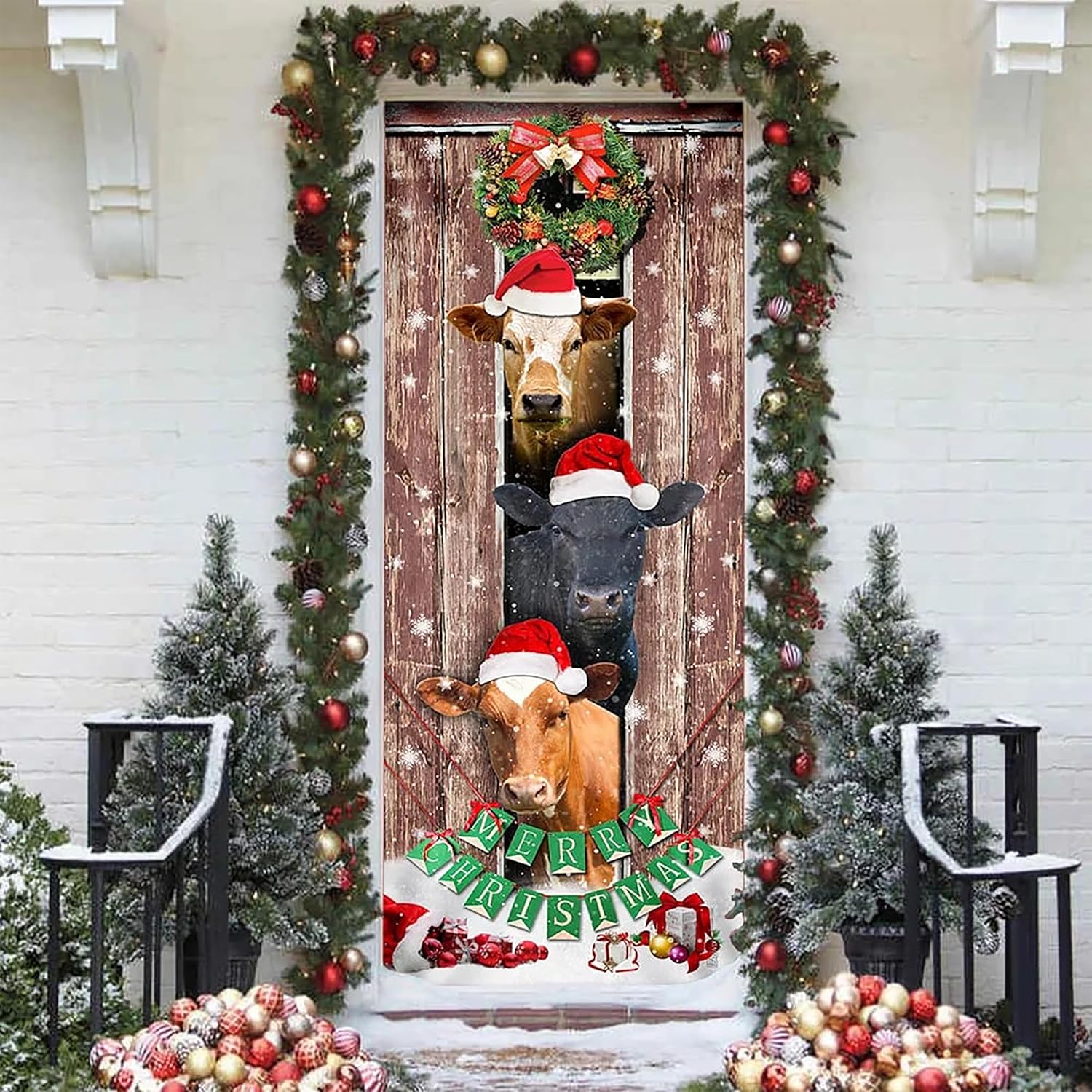 Cow Christmas Door Cover, Christmas Decor Outdoor, Merry