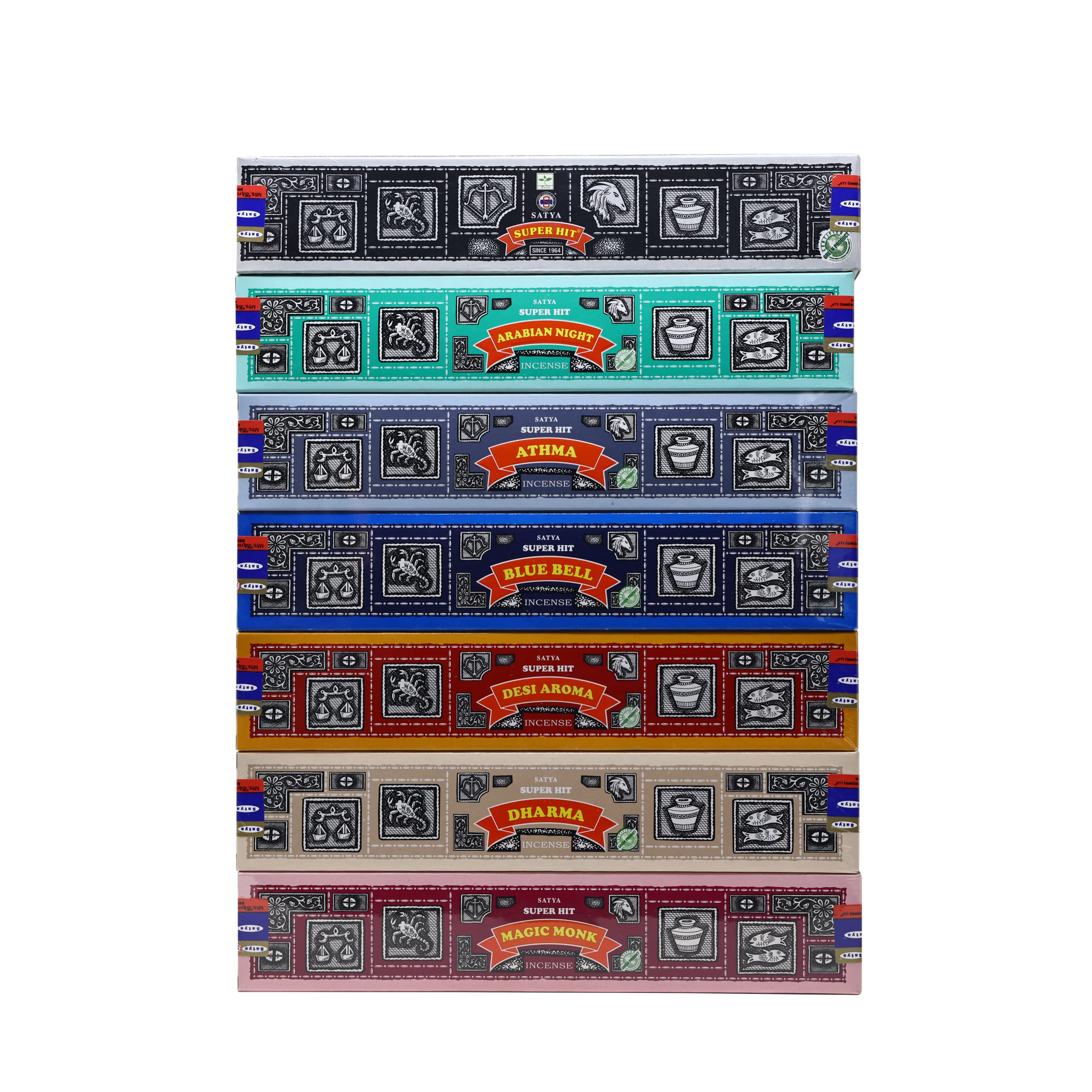 EARTH Satya Super Hit - Juego de 7 varillas de incienso, Super Hit, Arabian Night, Athma, Blue Bell, Desi Aroma, Dharma, Magic Monk, 15 GMS (certificado verde), perfectas para regalo. Varillas de
