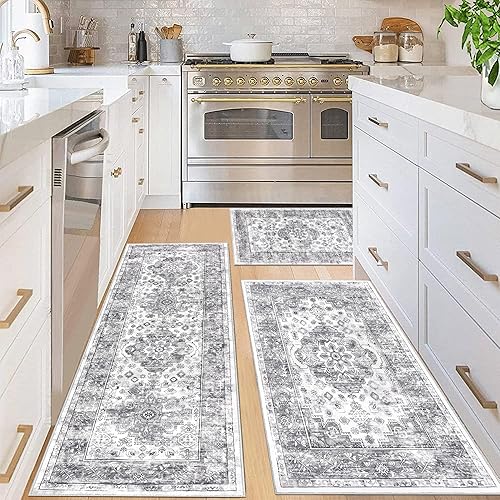 Miniatura 79 de Pauwer Juego de 3 alfombras de cocina antideslizantes y lavables para el suelo, alfombra de pasillo de cocina, alfombra bohemia para fregadero