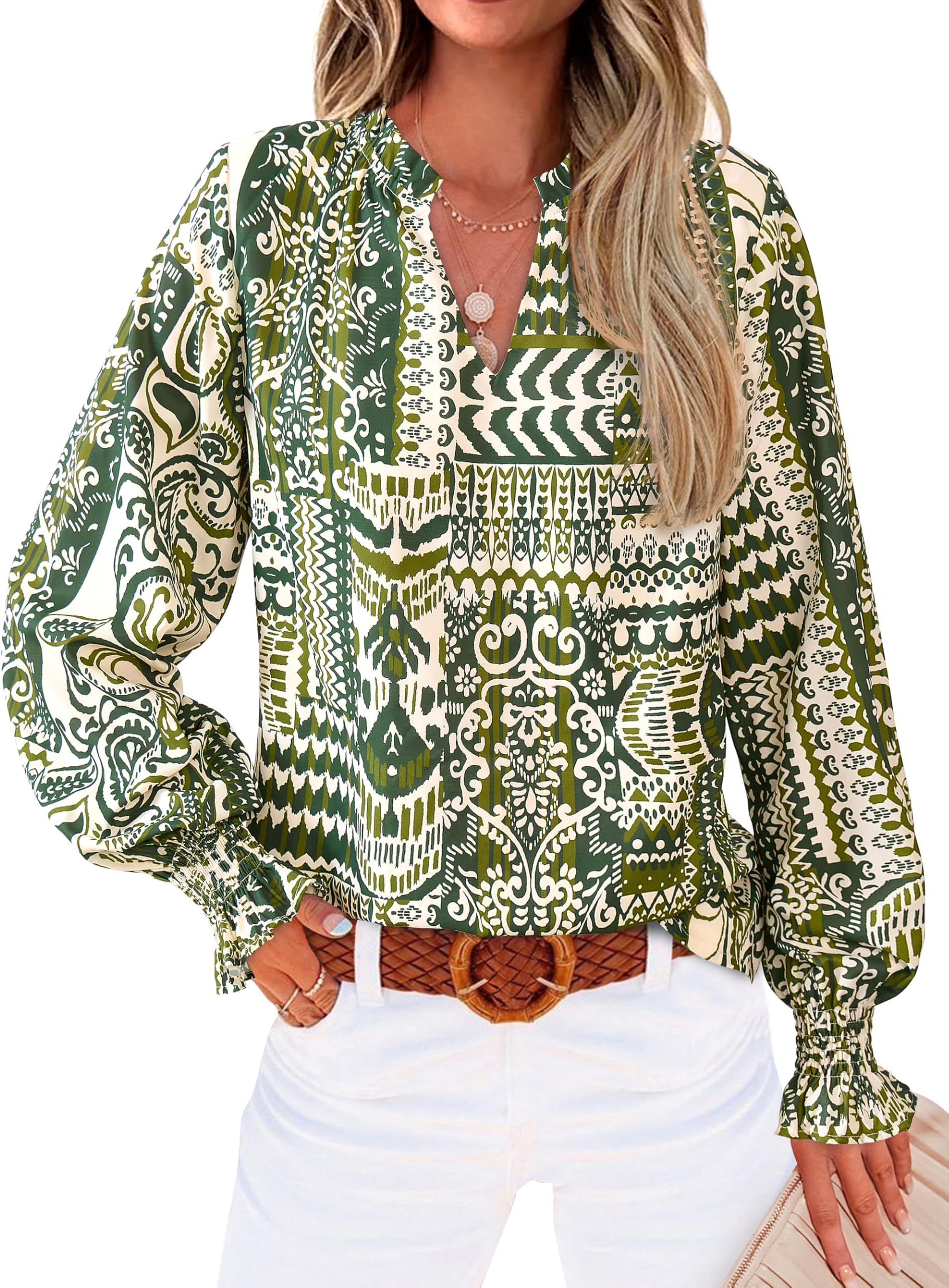 MASCOMODA Womens V Neck Floral Long Sleeve Tops 2026 Summer Casual Loose Puff Sleeve Chiffon Boho Work Blouse Dressy T Shirts
