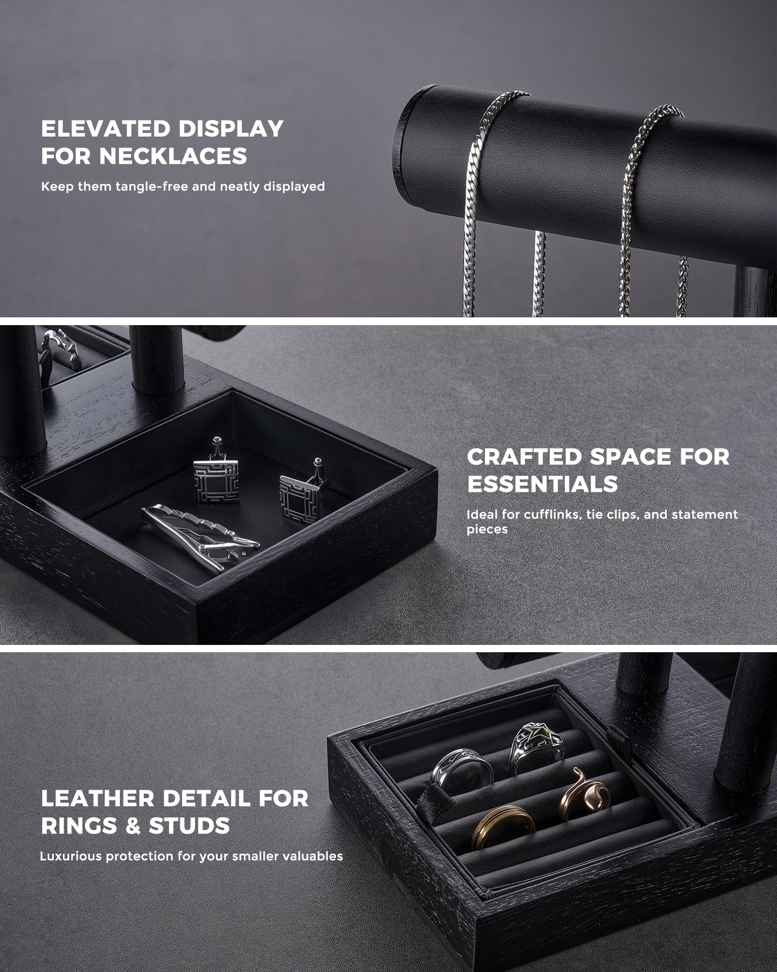 Soporte para Relojes para Hombre, Regalo para él, papá, Novio, Estante de exhibición de Joyas de Madera, Organizador para Collares, Pulseras y Anillos - Negro
