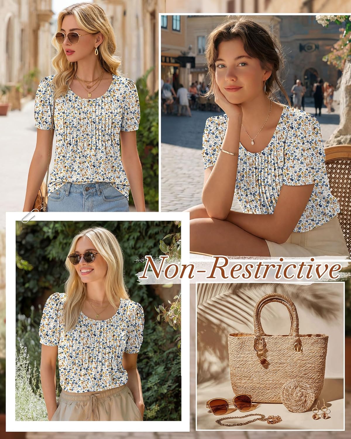 Ficerd Women's Puff Short Sleeve Tunic Tops Pleated Crew Neck Summer Blouses Dressy Casual Loose T Shirts - Image 6