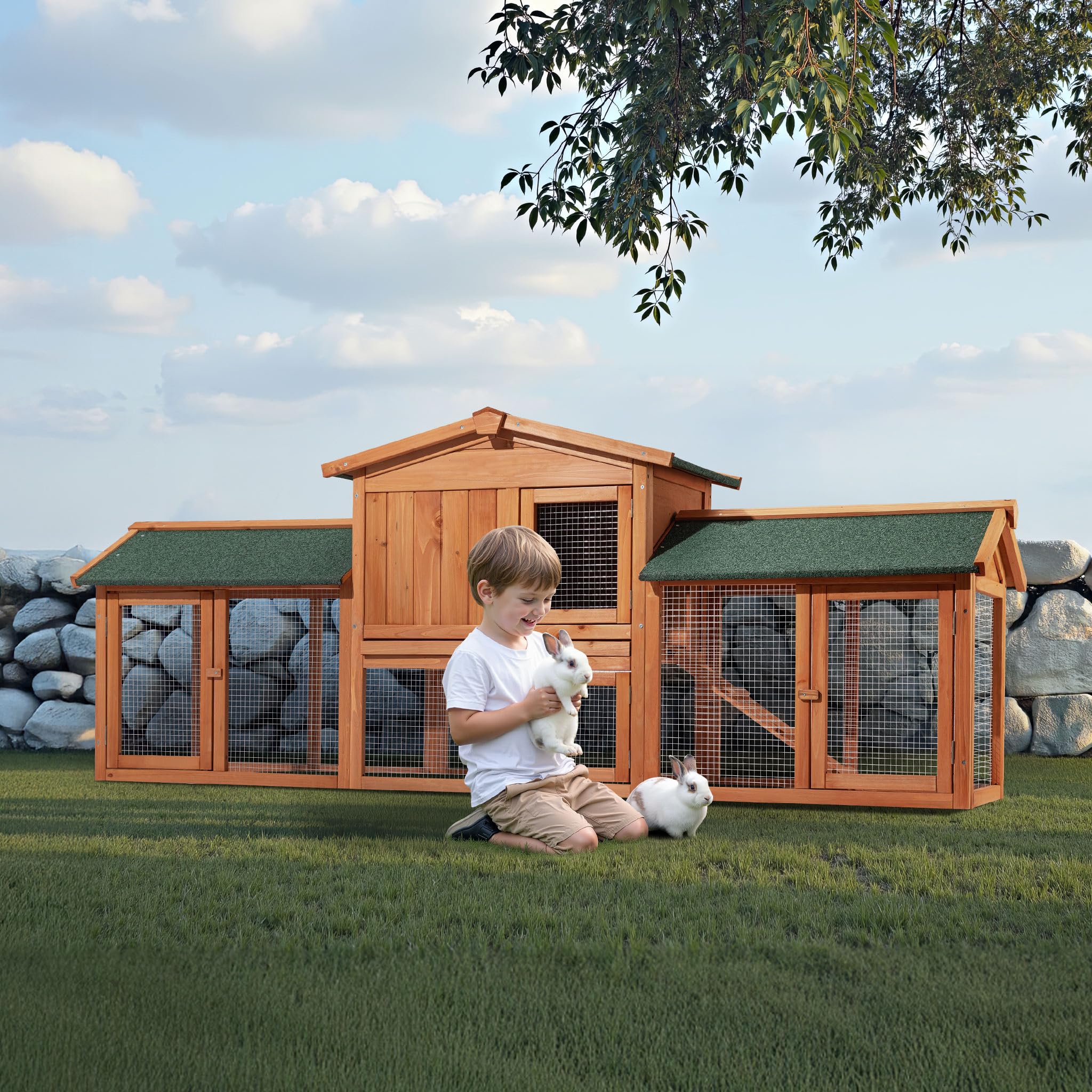 Wiltec XXL Hasenstall 2110 x 530 x 835 mm mit Freilaufgehege und erhöhtem Unterschlupf aus Kiefernholz, Kaninchenkäfig mit 2 Etagen, Kleintierstall