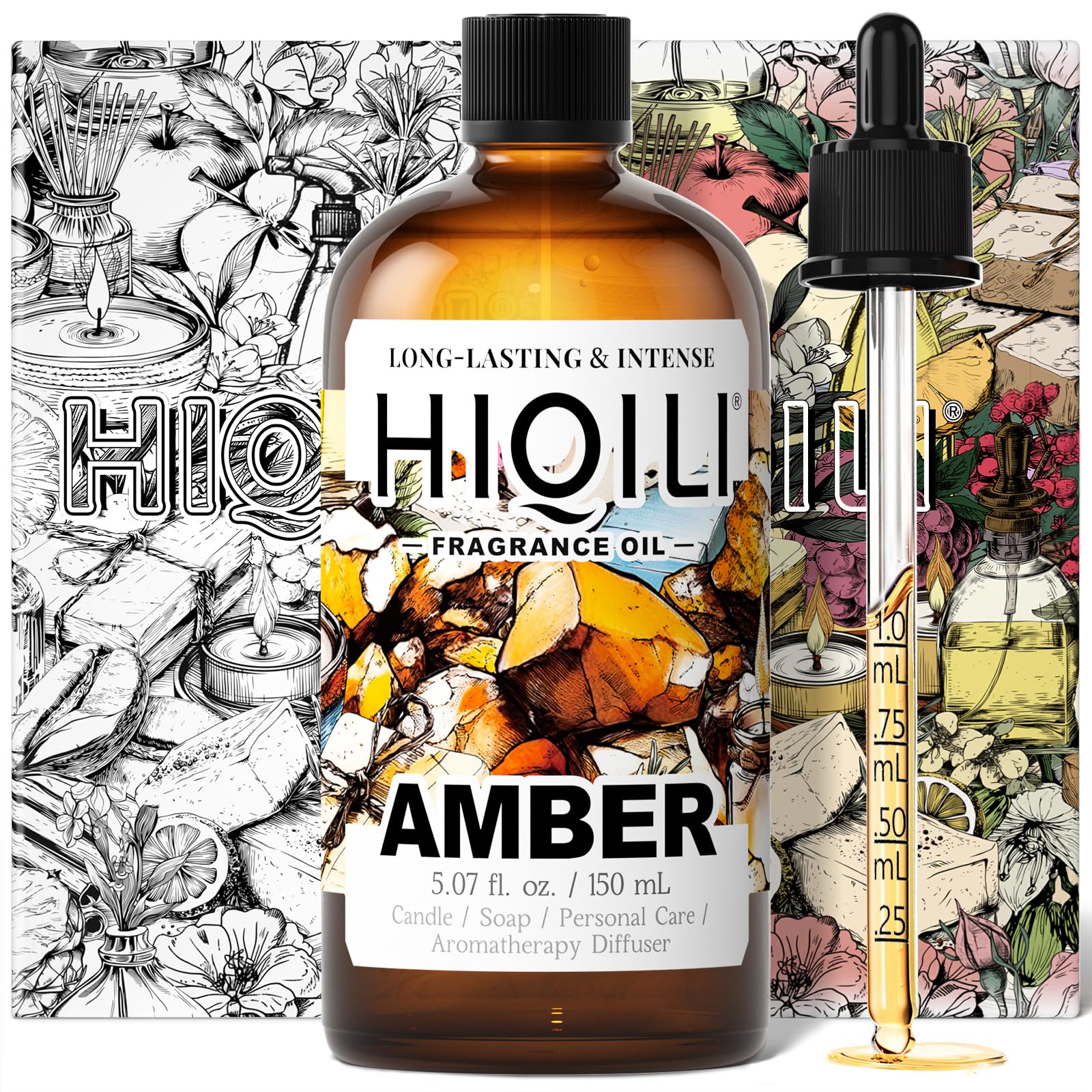 HIQILI Amber Fragrance Oil for Candle, Perfume, Soap Making, Hotel Scents for Essential Oil Diffuser & Aromatherapy - 5.07 Fl Oz