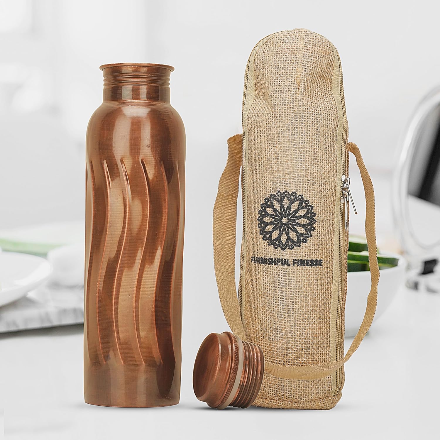 Pure Copper Water Bottle with Carry Bags Antique Coppers Bottles for Gym Office, Yoga, meditation hiking, Ayurvedic Vessels -1000 ml (Pack of 2, Antique Copper Bottle)