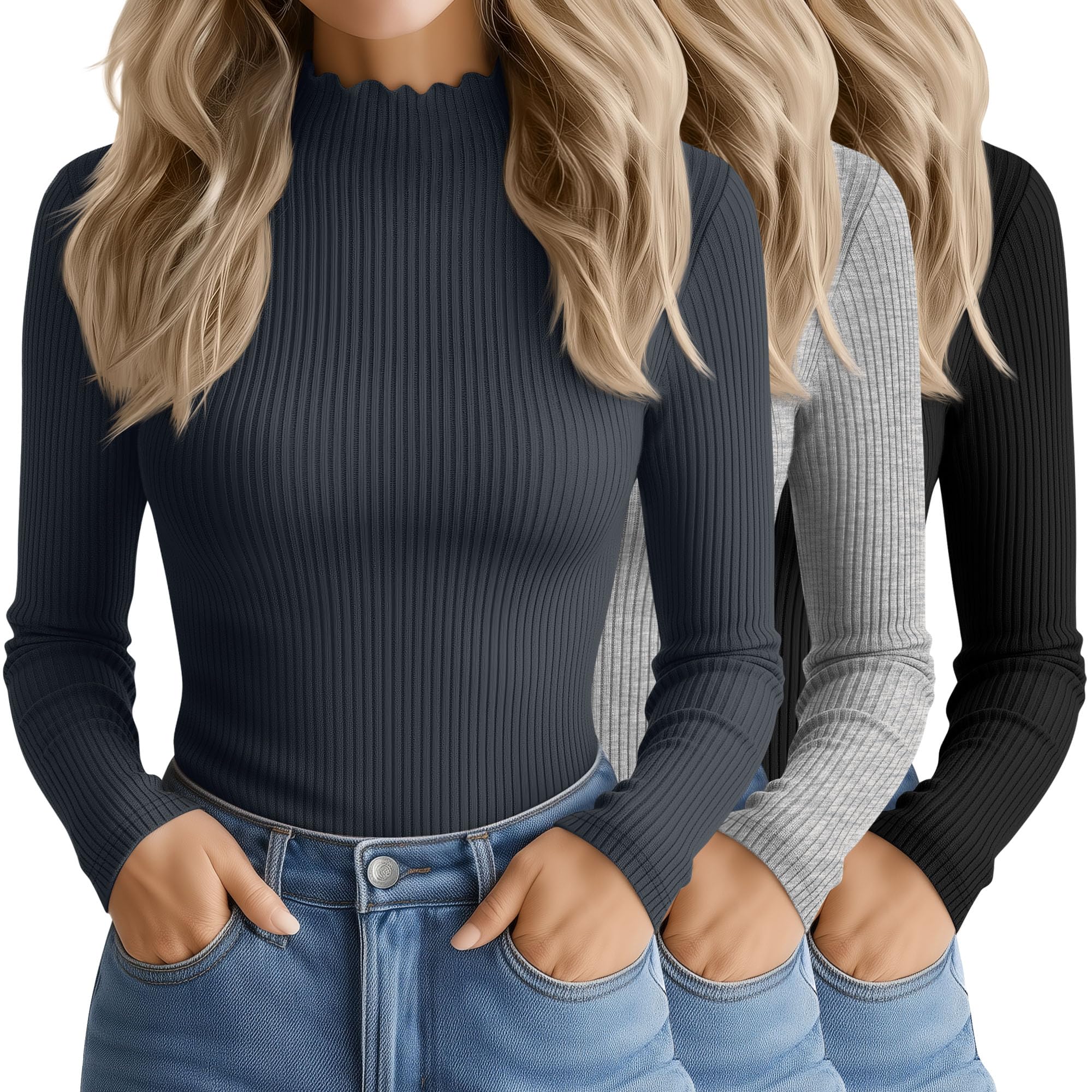 Geyoga Lot de 3 Hauts Femme Shirts Coton Manches Longues, col Montant, Finitions volantées côtelées sous-vêtement Thermique