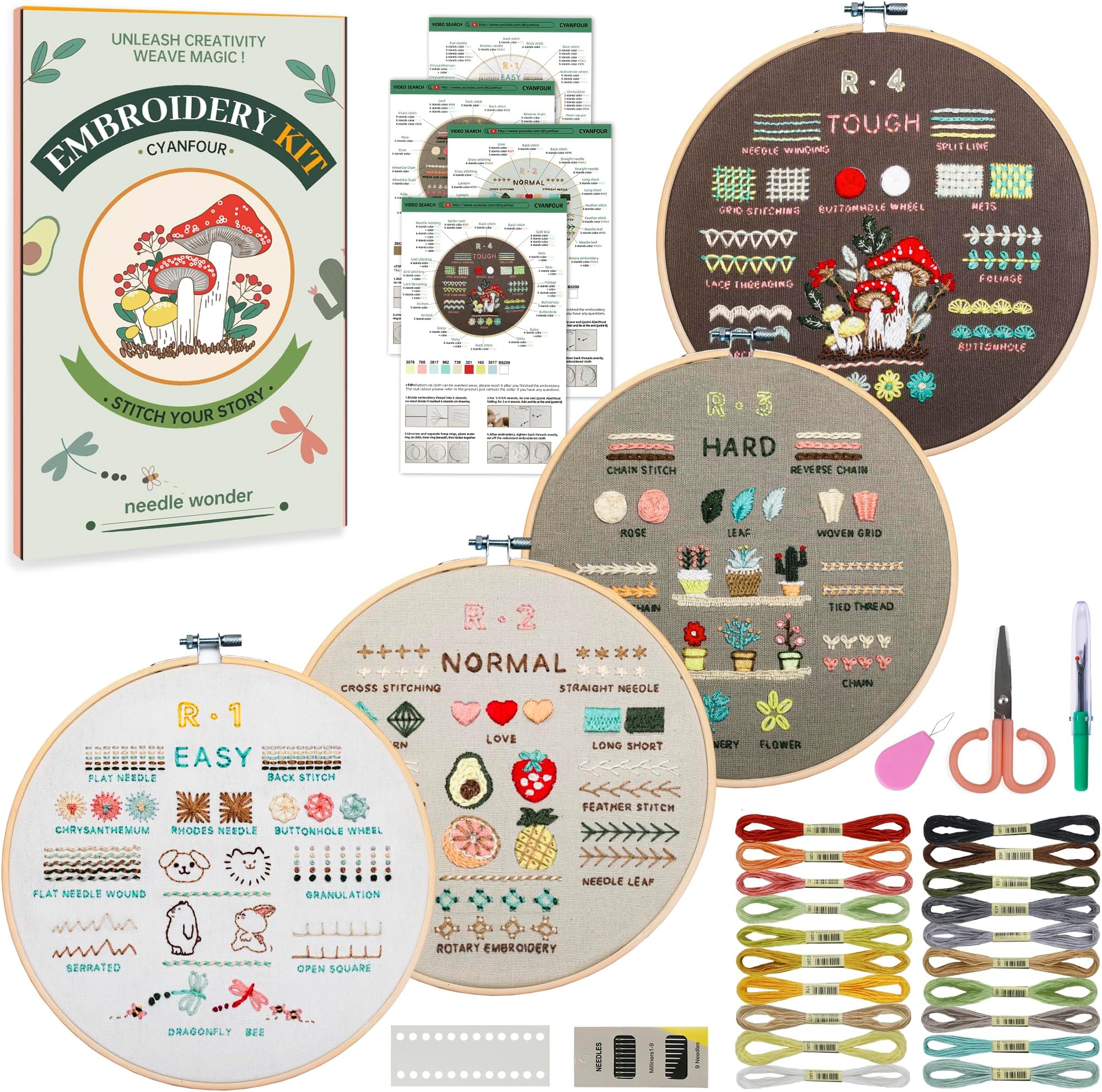 CYANFOUR 4 Stage Beginners Embroidery Kit for Adults, Easy to Learn 38 Different Stitches from Instruction & Video, Needlepoint Kits for Adults with Stamped Embroidery Patterns