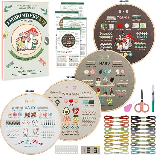 CYANFOUR Embroidery Kit for Beginners, 4 Stages to Learn 38 Stitches, with Step-by-Step Instructions and Clear Videos, Includes Multiple Accessories, Gift for Craft Lovers.