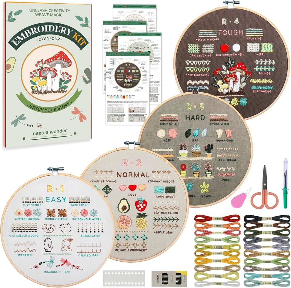 CYANFOUR Embroidery Kit for Beginners, 4 Stages to Learn 38 Stitches, with Step-By-Step Instructions and Clear Videos, Includes Mu