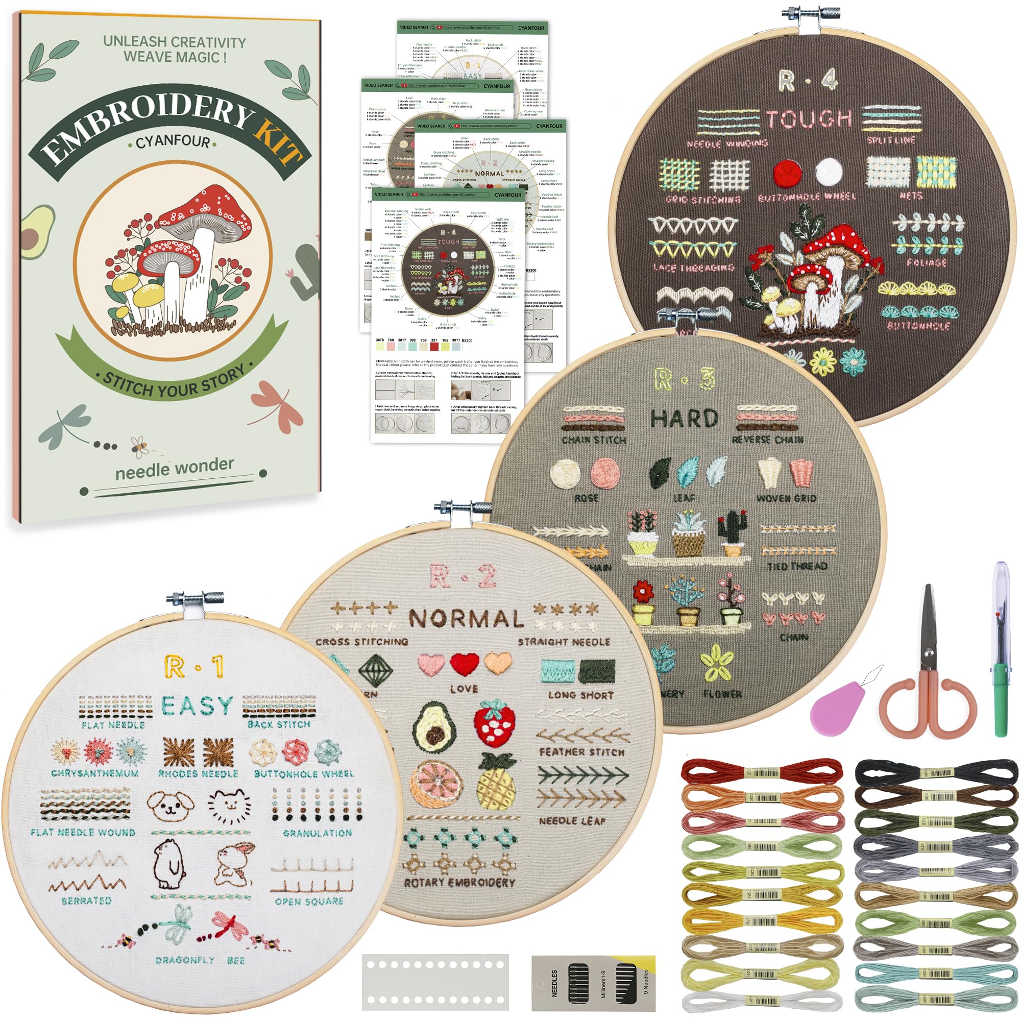 CYANFOUR Embroidery Kit for Beginners, 4 Stages to Learn 38 Stitches, with Step-by-Step Instructions and Clear Videos, Includes Multiple Accessories, Gift for Craft Lovers.