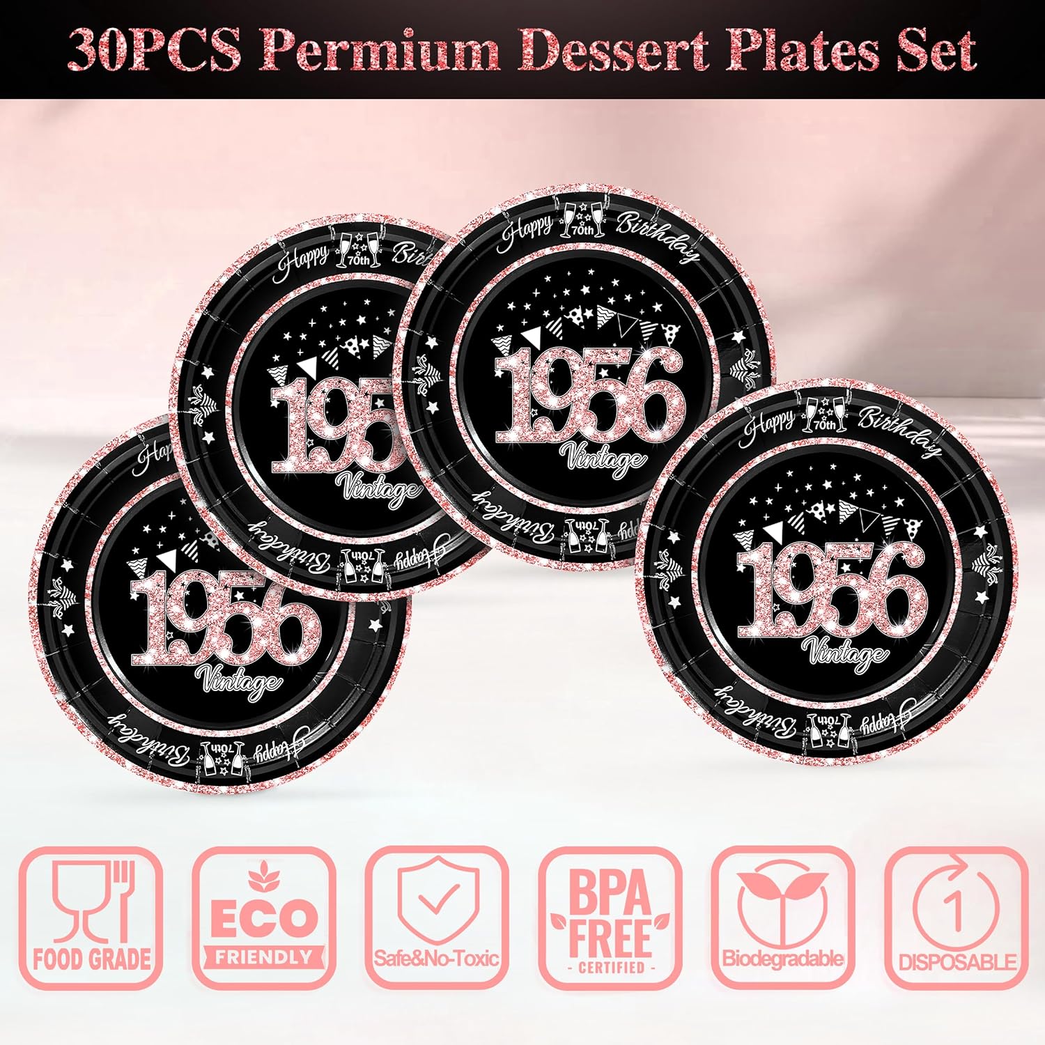 60 PCS Vintage 70th Birthday Plates and Napkins Set, 70th Birthday Decorations Rose Gold, Service for 30, 1956 Birthday Dessert Plates and Napkins Party Supplies for Women - Image 3