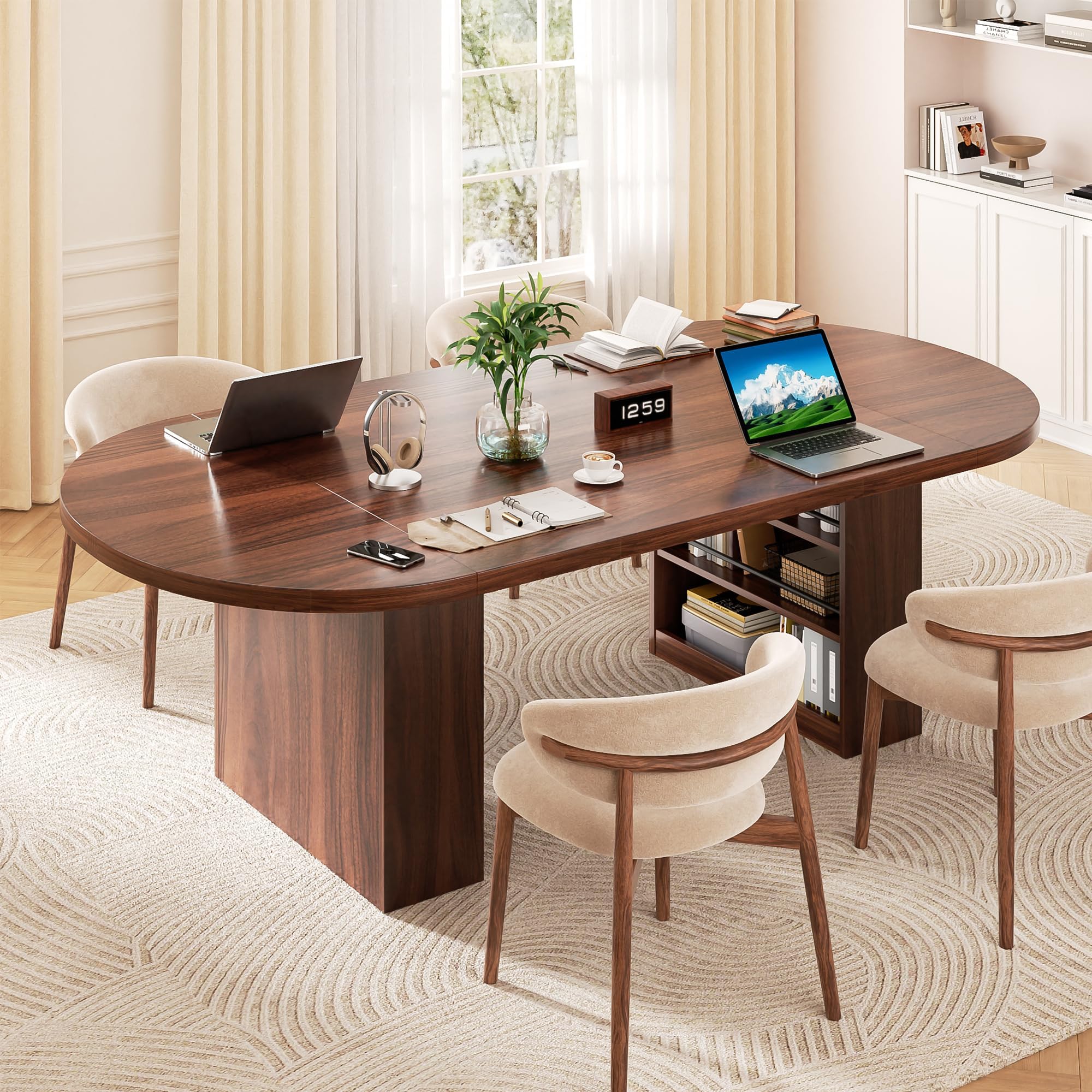 Jocoevol 70.9" Esstisch Oval Ausziehbar für 6-10 Personen, Esszimmer Tisch mit 3-Stufigem Ablagefach, Massiver Küchentisch, Robust bis 180 kg für Küchen und Esszimmer, Walnussholz