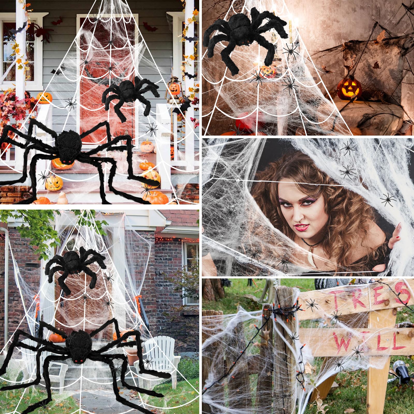Set Decorazione Ragno Gigante Per Halloween - Ragno Peluche 1,5 M, Ragnatela Triangolare 5m, 50 Piccoli Ragni Finti, Tela Ragnatela Elastica, Spaventoso Per Feste In Giardino - 2