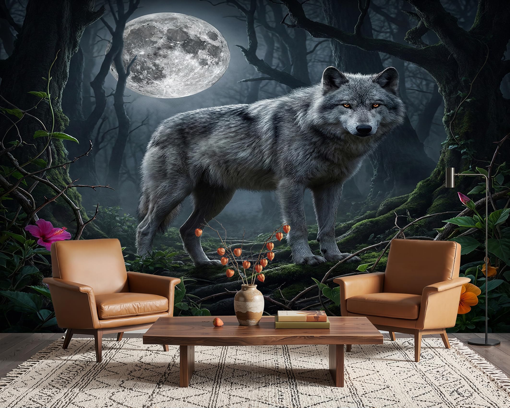 PaxGloz Wolf in Forest Wallpaper, Dark Fantasy Wall Mural for Living Room & Bedroom, Non-Woven Decorative Wall Art 400x280 cm