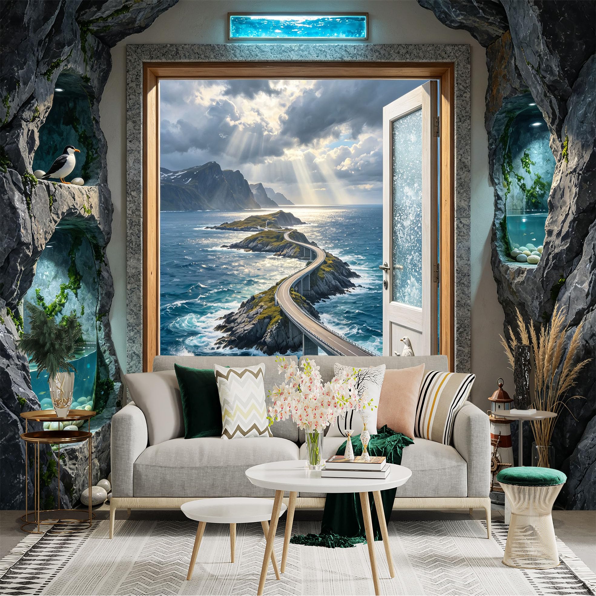 Lnzczhyre Bh260719461 Custom Size Wall Sticker Mural， Scenic Ocean Bridge View， Coastal Mountain Landscape， Open Door Illusion， For Wall Decoration， Peelandstick Wall Decals.