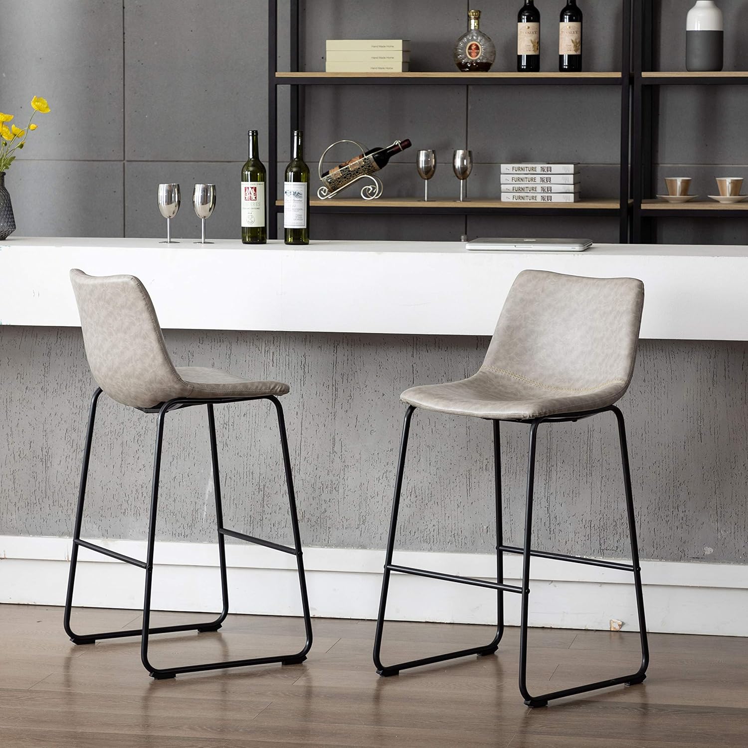 Vanity Art Set of 2 Pcs Synthetic Leather Upholstered Barstools Armless Dining Chairs with Metal Legs (Gray) UC-13HG