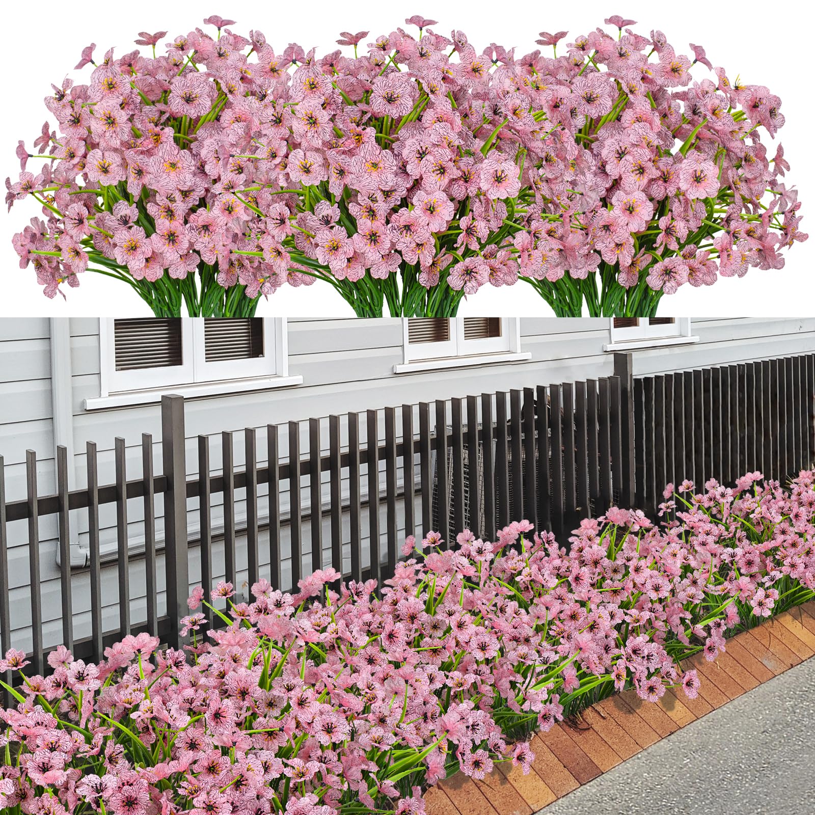 21 Bundles Artificial Outdoor UV Resistant Flowers No Fade Fake Outside Flowers Plastic Greenery Faux Shrubs Garden Porch Window Box Home Decoration(Pink)